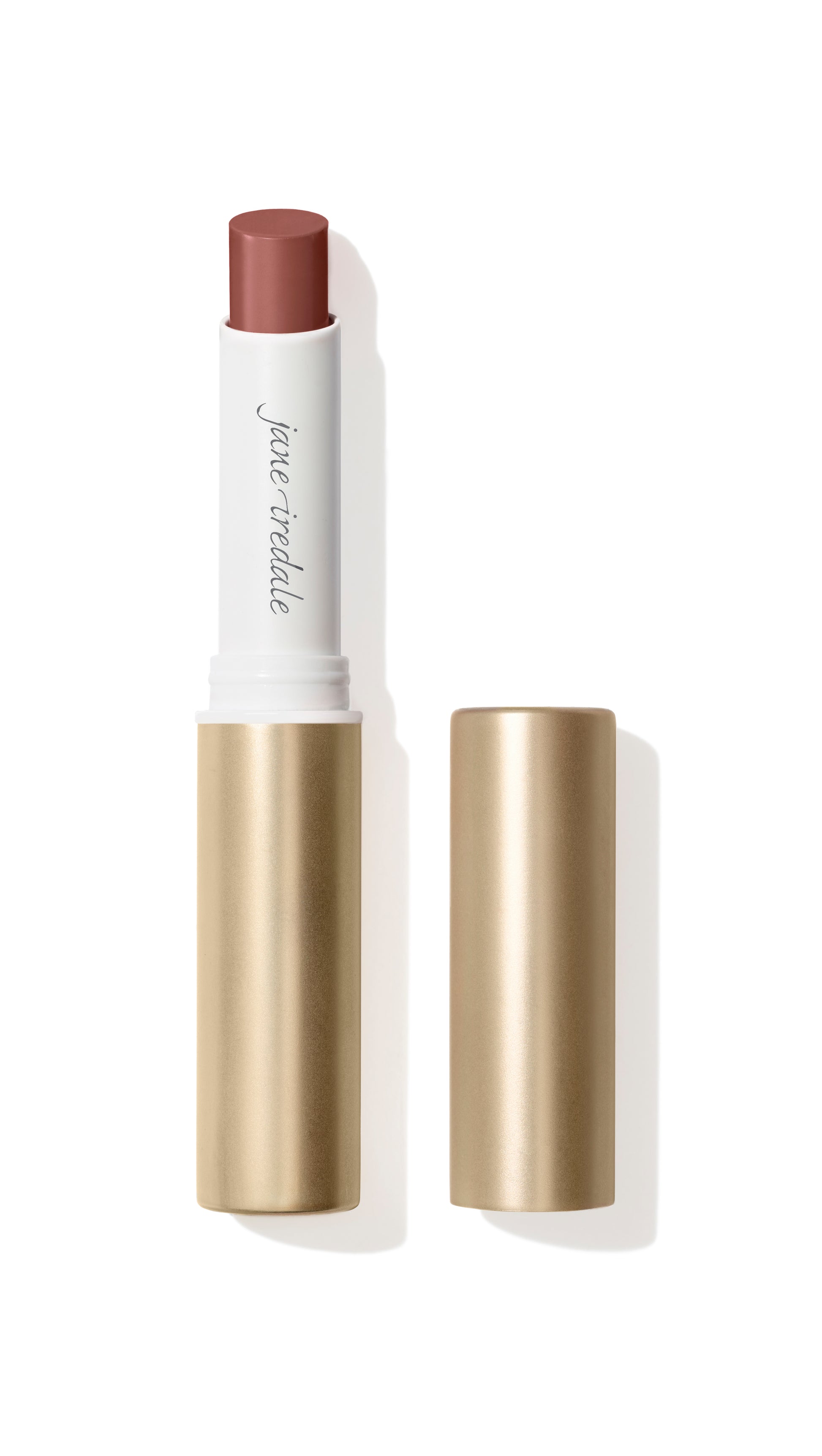 Jane Iredale's ColorLuxe Hydrating Cream Lipstick in a white barrel with a matte gold cap, offering rich, creamy color and all-day hydration.