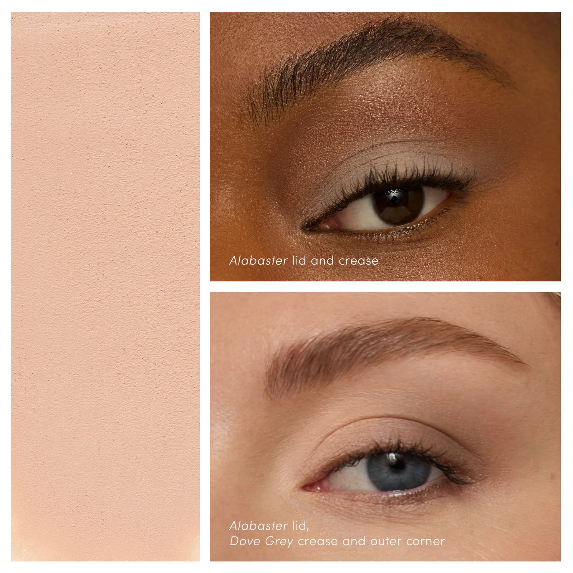 ColorLuxe Eye Shadow Stick demo: Three panels showing Alabaster swatch, dark-skinned eye with Alabaster, and light-skinned eye with Alabaster and Dove Grey.