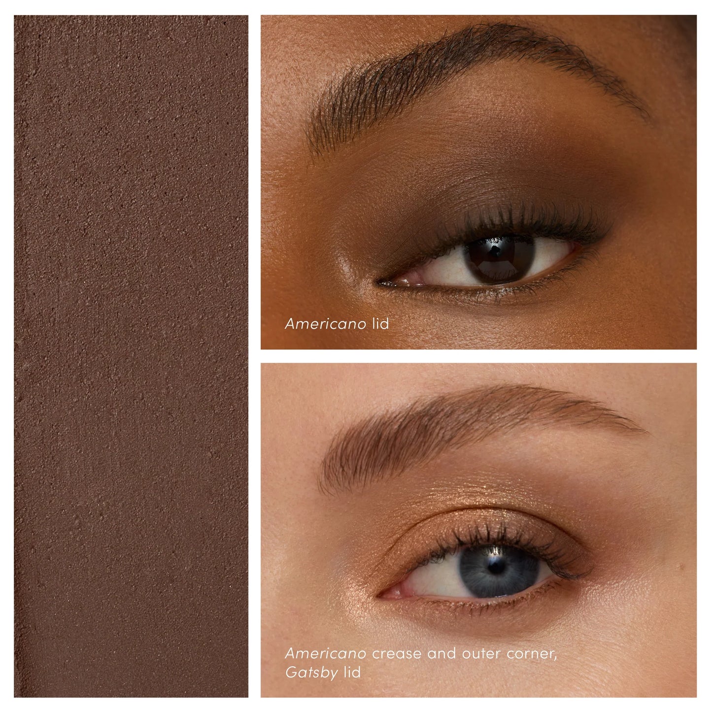 ColorLuxe Eye Shadow Stick in Americano showcased with swatches on models, highlighting its blendable, long-wearing formula ideal for versatile eye looks.