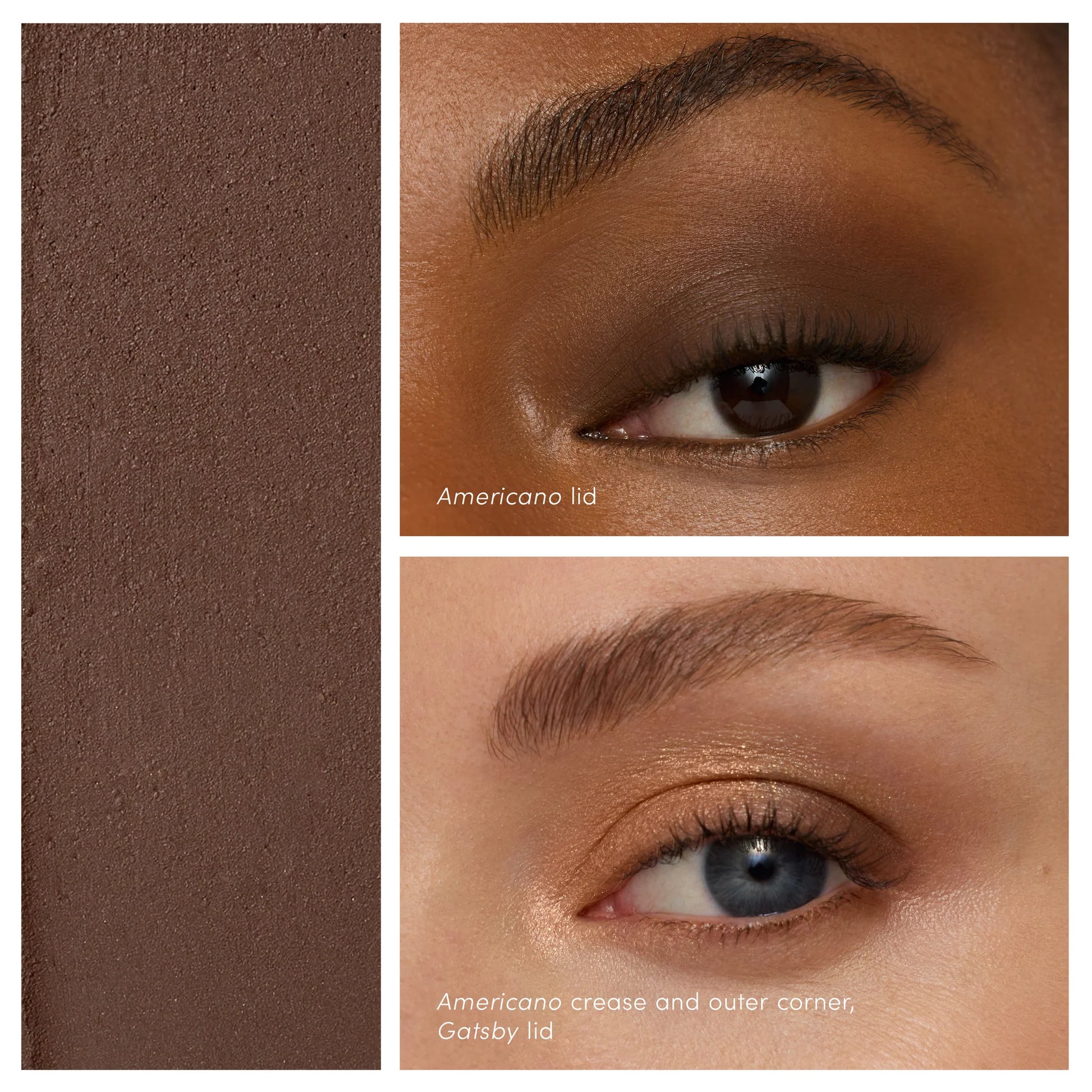 ColorLuxe Eye Shadow Stick in Americano showcased with swatches on models, highlighting its blendable, long-wearing formula ideal for versatile eye looks.