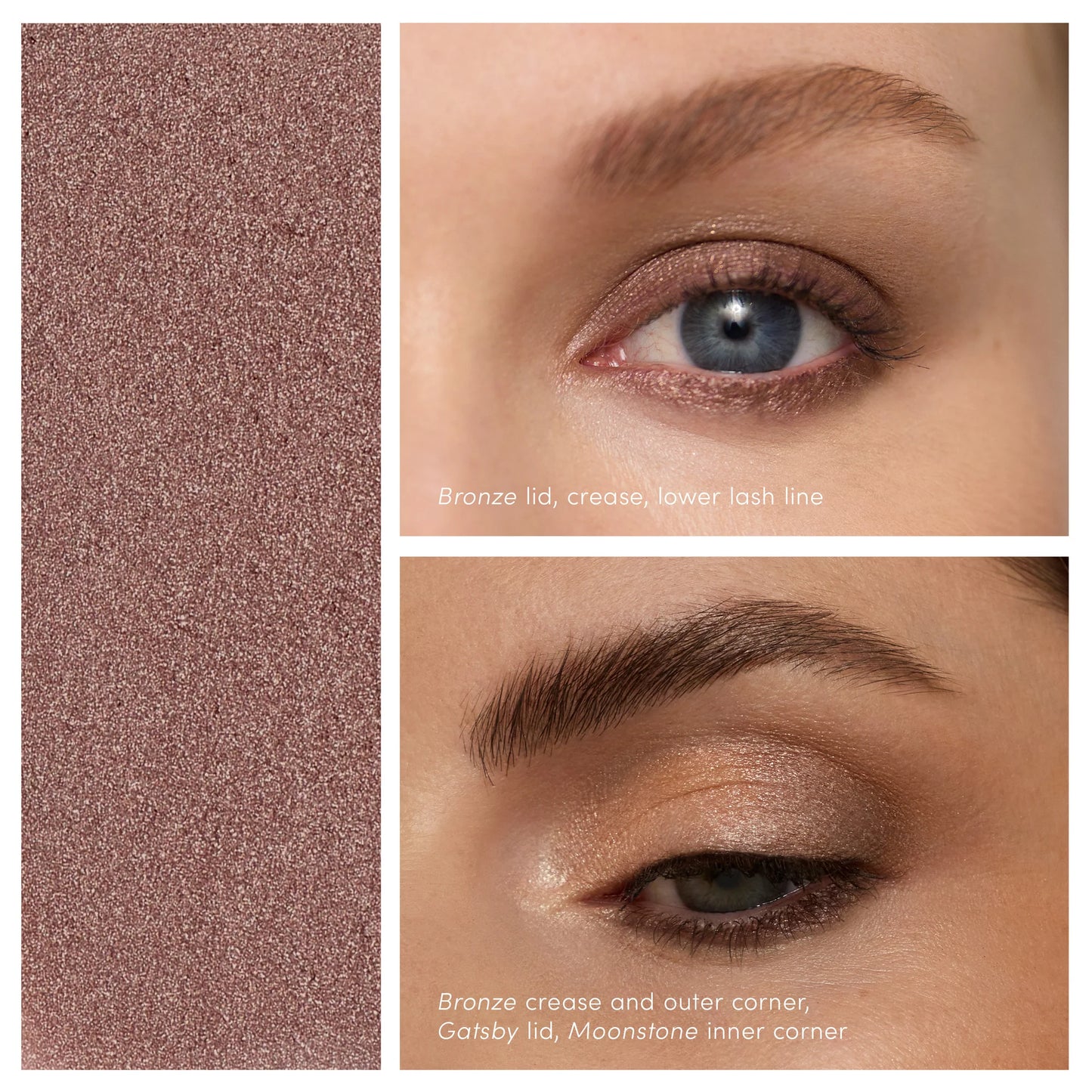ColorLuxe Eye Shadow Stick showcased in rose-bronze: pan swatch, applied on model's lid, and blended with Gatsby and Moonstone shades. Creamy, blendable, and long-wearing.