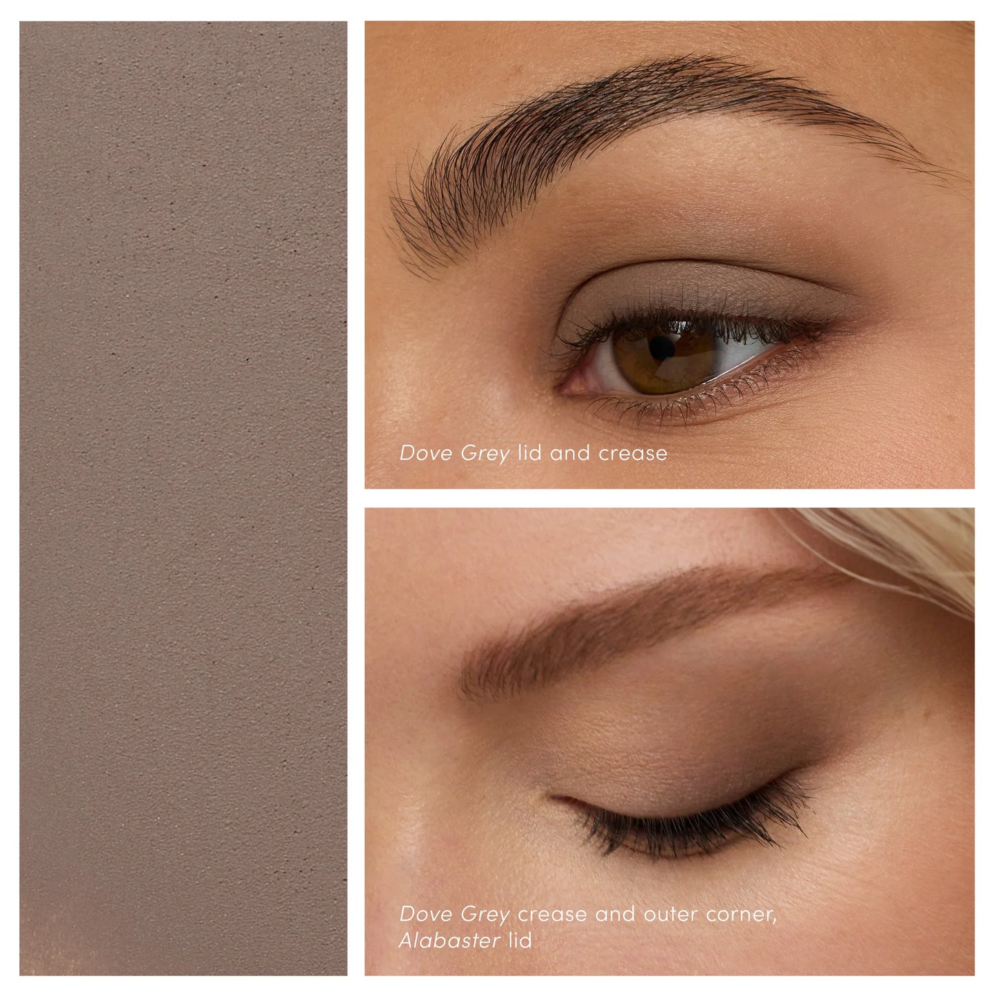 ColorLuxe Eye Shadow Stick: Dove Grey swatch, eye with Dove Grey on lid/crease, and Dove Grey in crease/outer corner with Alabaster on lid.