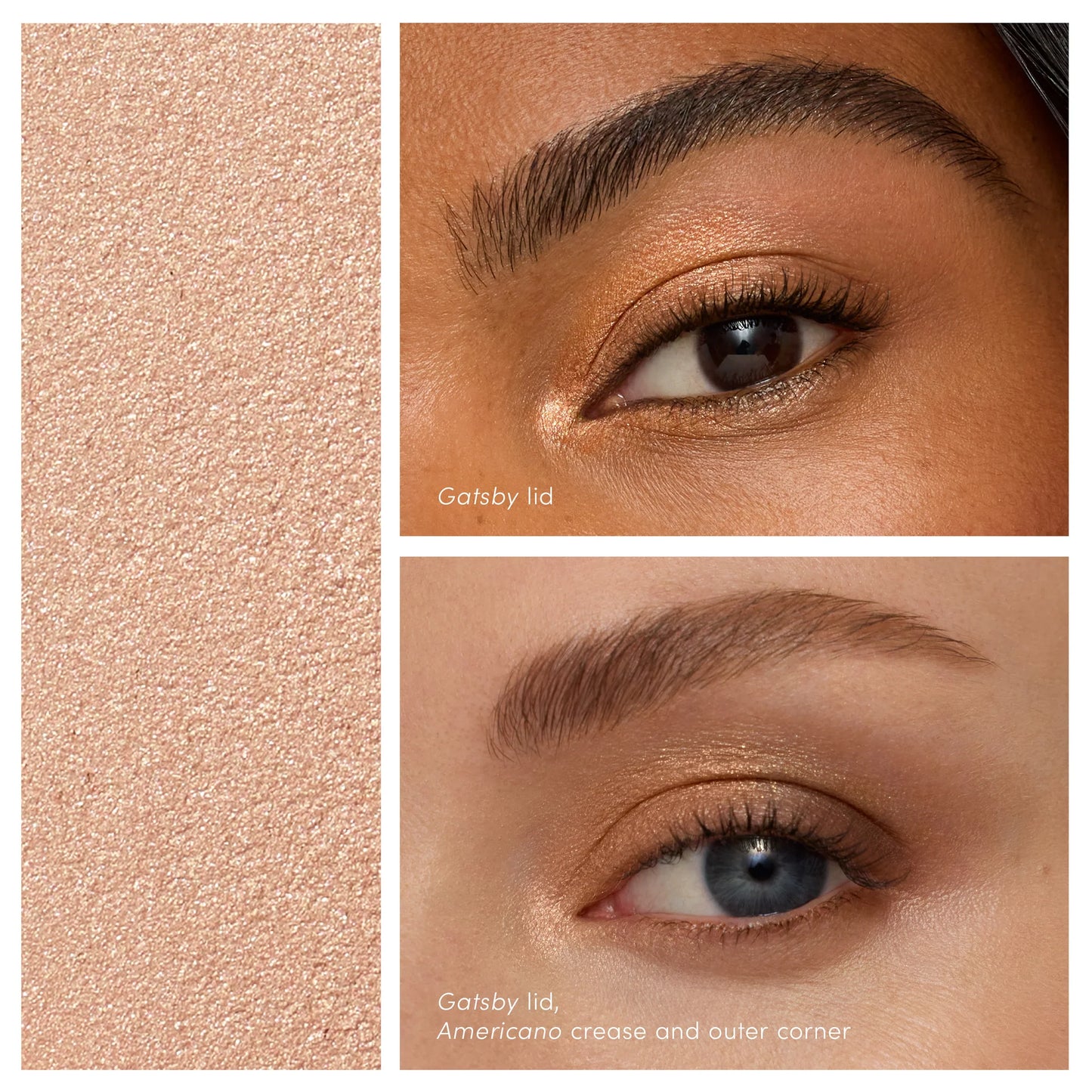 ColorLuxe Eye Shadow Stick swatch shows “Gatsby” on different skin tones, highlighting its blendable, creamy texture perfect for seamless, no-brush application.