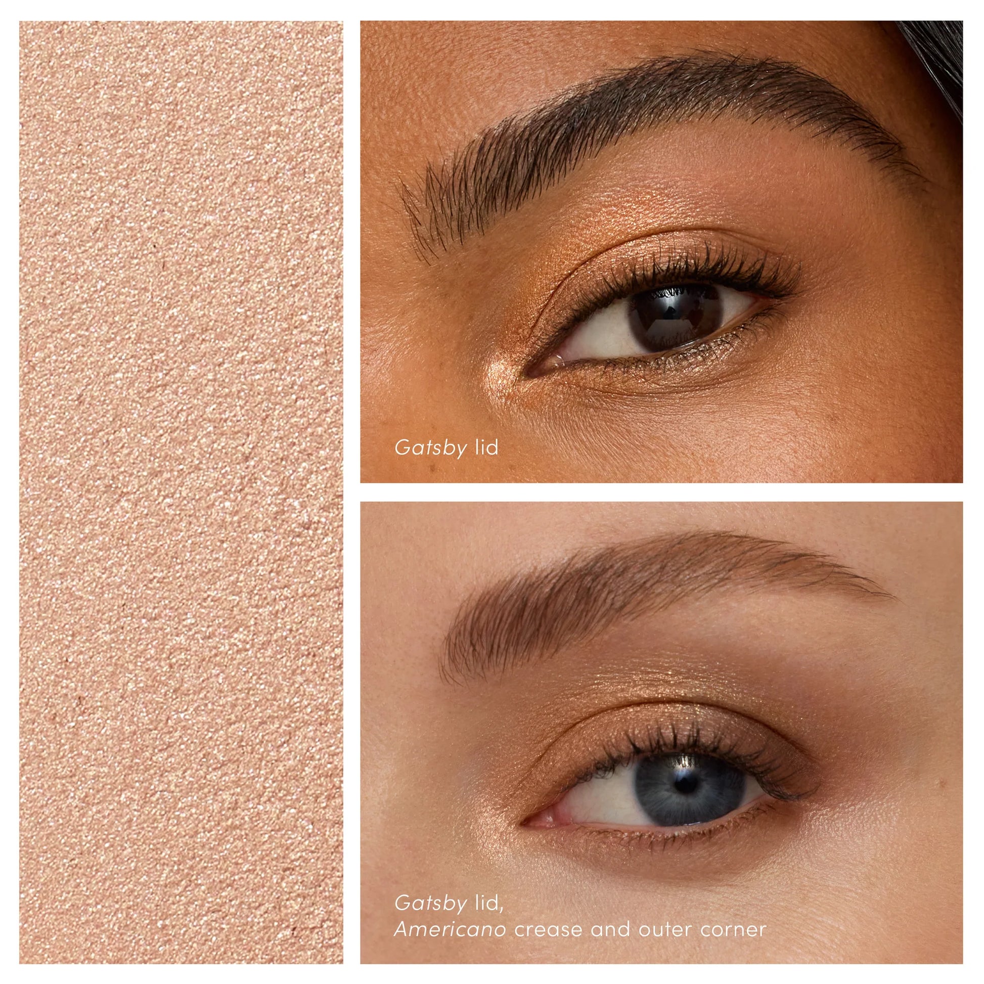 ColorLuxe Eye Shadow Stick swatch shows “Gatsby” on different skin tones, highlighting its blendable, creamy texture perfect for seamless, no-brush application.