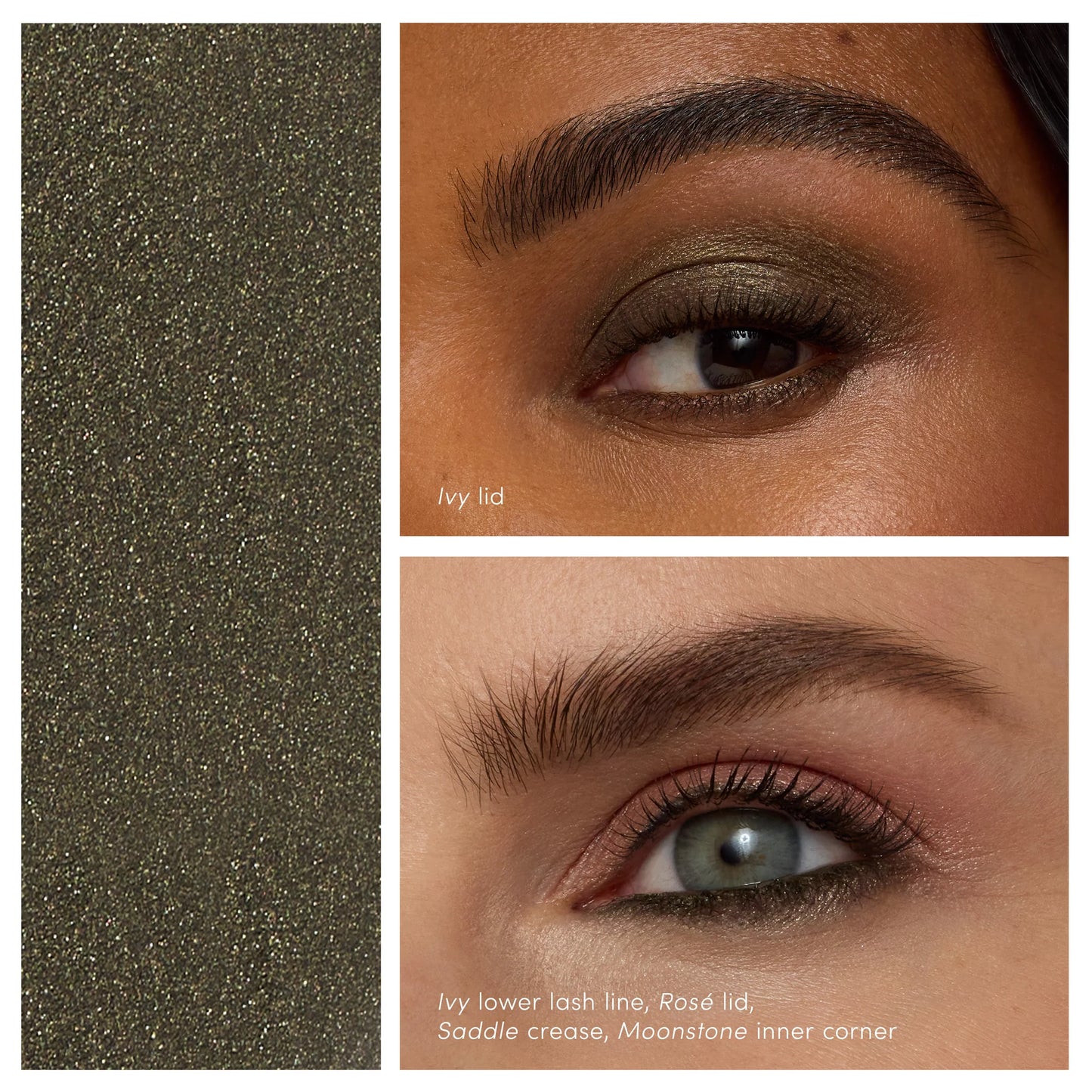 ColorLuxe Eye Shadow Stick in Ivy: a shimmery olive shade shown on diverse models, highlighting its blendable, no-brush application on lids and lash line.