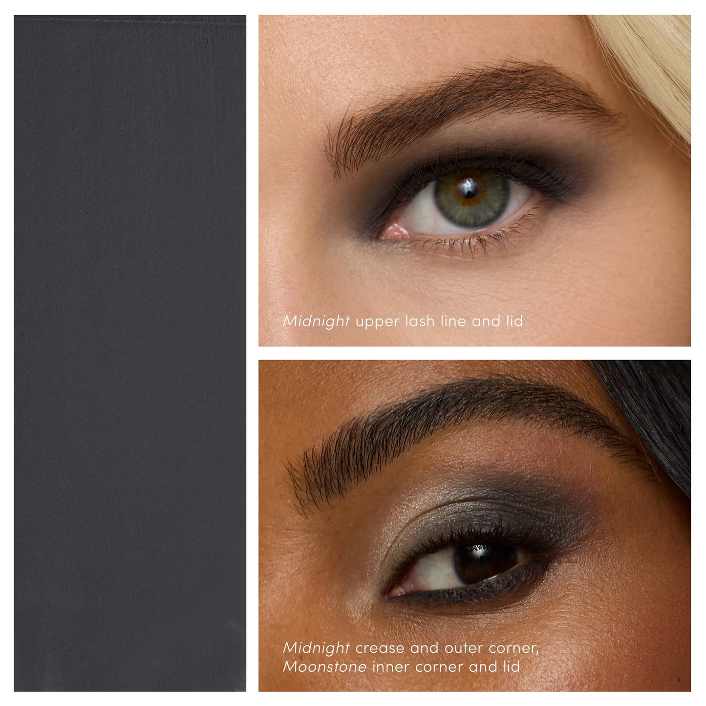 ColorLuxe Eye Shadow Stick demo: swatch, fair-skinned eye with Midnight, darker-skinned eye with Midnight and Moonstone. Creamy, blendable, no-brush application.