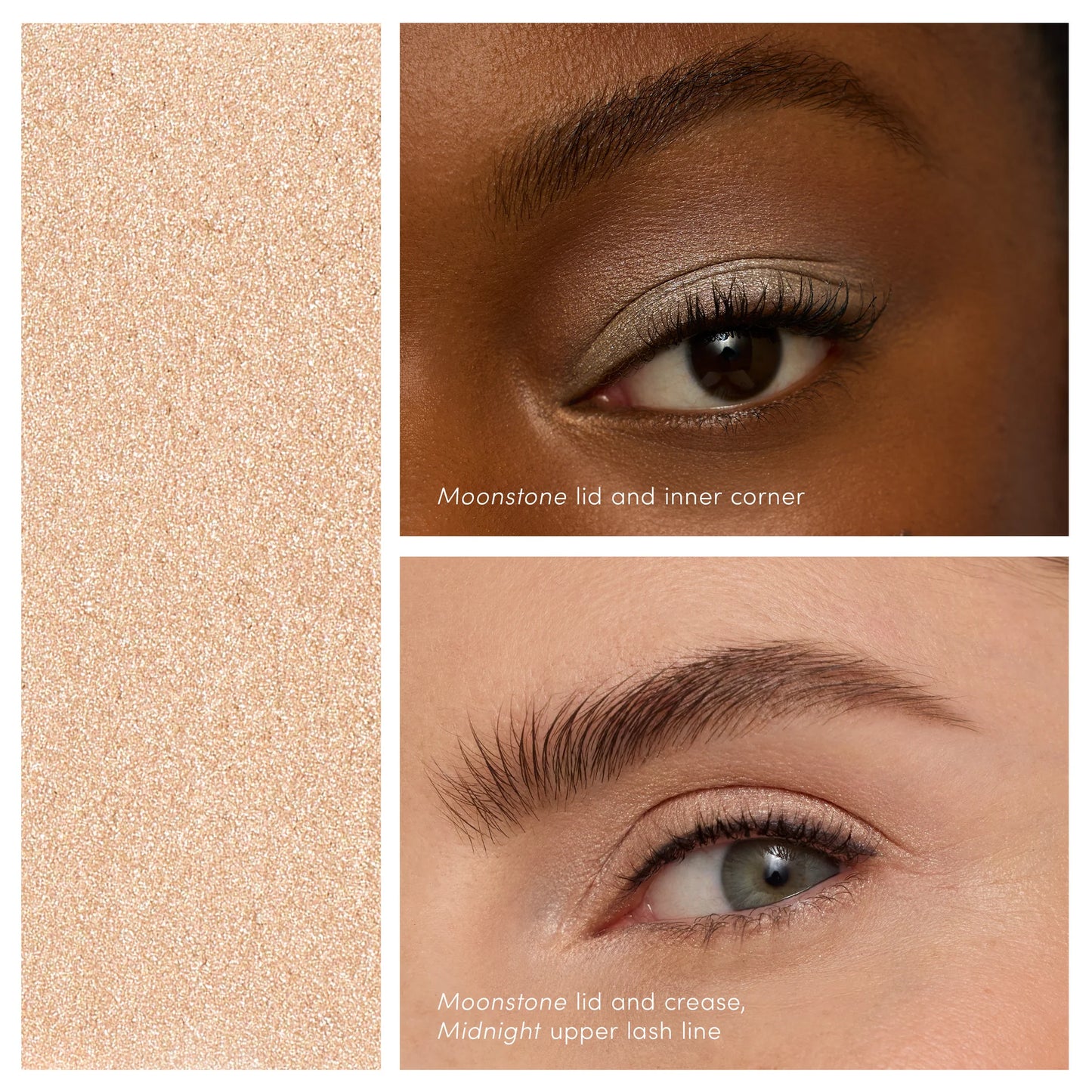 ColorLuxe Eye Shadow Stick in Moonstone shown on diverse skin tones, highlighting its creamy, blendable shimmer. Perfect for effortless, brush-free application.