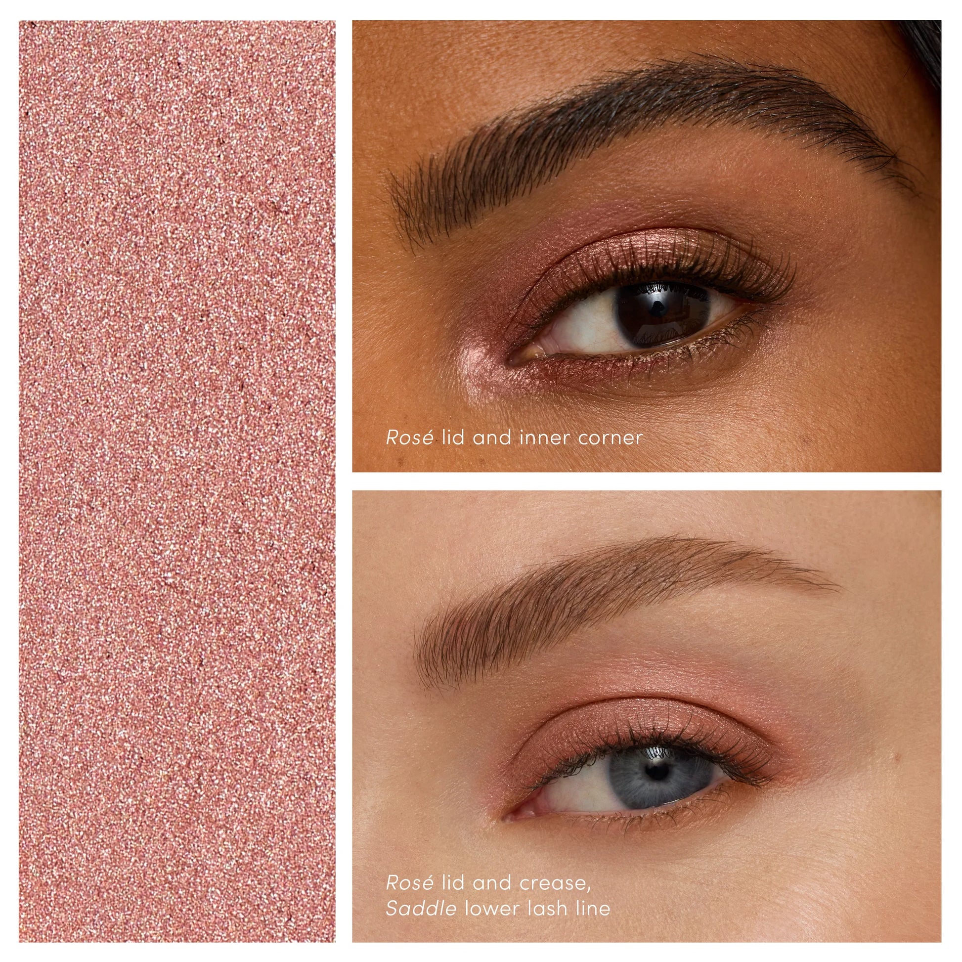 ColorLuxe Eye Shadow Stick in Rosé, shown with swatches and model application on different skin tones, highlighting its creamy texture and blendable, long-lasting shimmer.