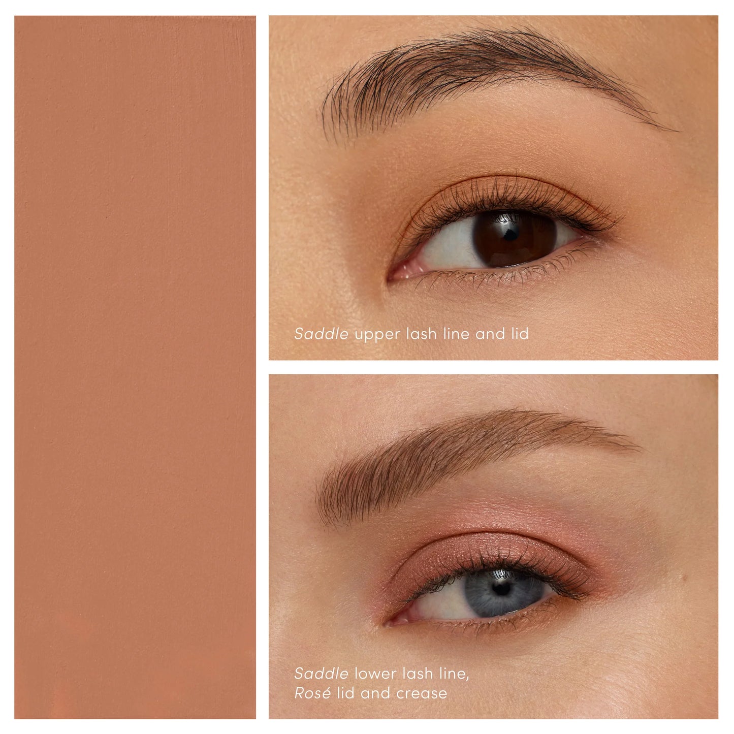 ColorLuxe Eye Shadow Stick demo: “Saddle” on upper/lower lash line; “Rosé” on lid/crease. Creamy, blendable, no-brush application for seamless, long-wearing looks.
