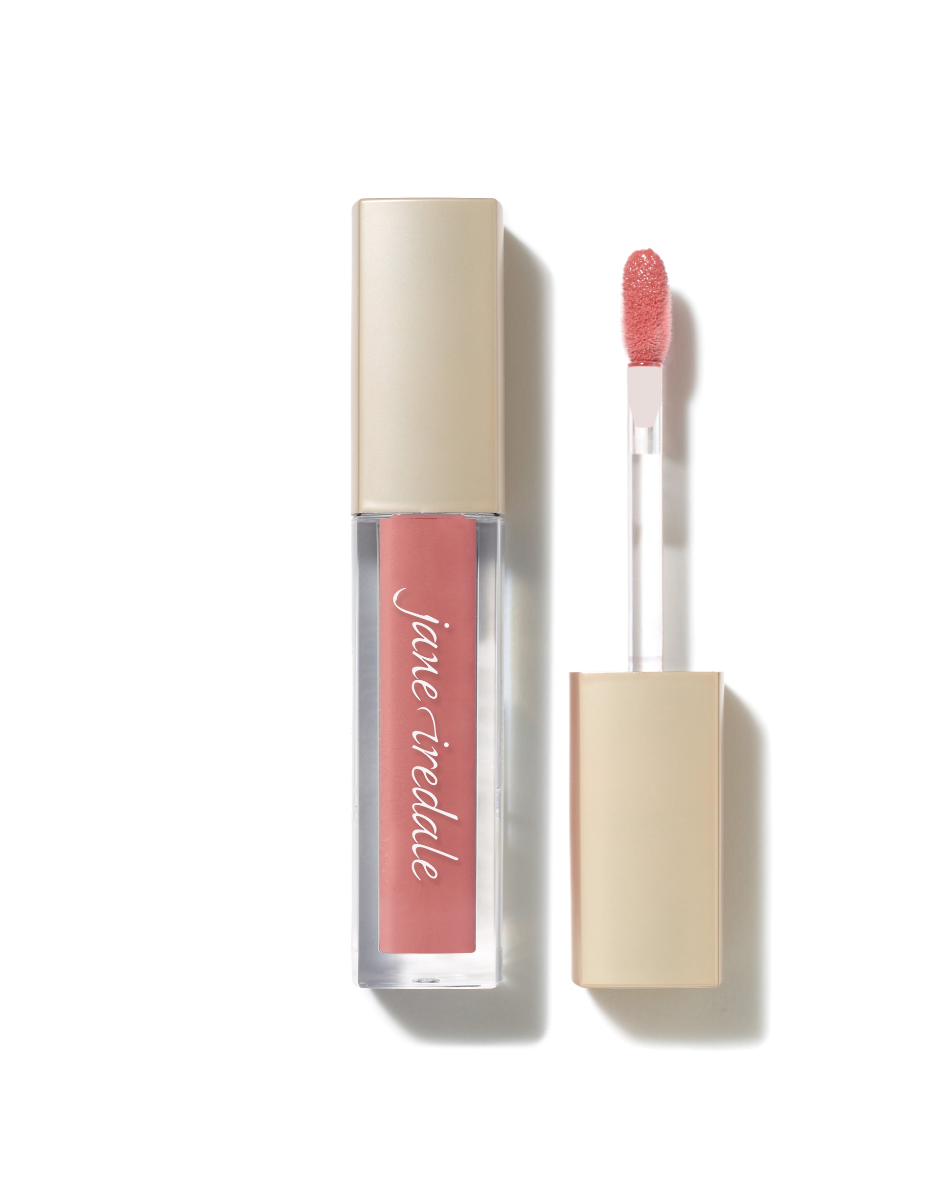 ColorLuxe High Impact Lip Glaze by jane iredale, shown with doe-foot applicator, offers high pigmentation and glossy finish for bold, comfortable wear.