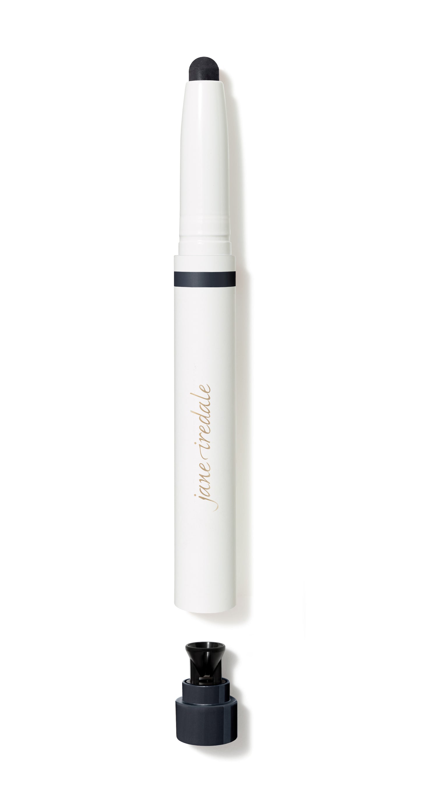 Jane Iredale ColorLuxe Eye Shadow Stick with retractable black tip, gold logo, and built-in sharpener, offering glide-on, blendable, crease-resistant eyeshadow application.