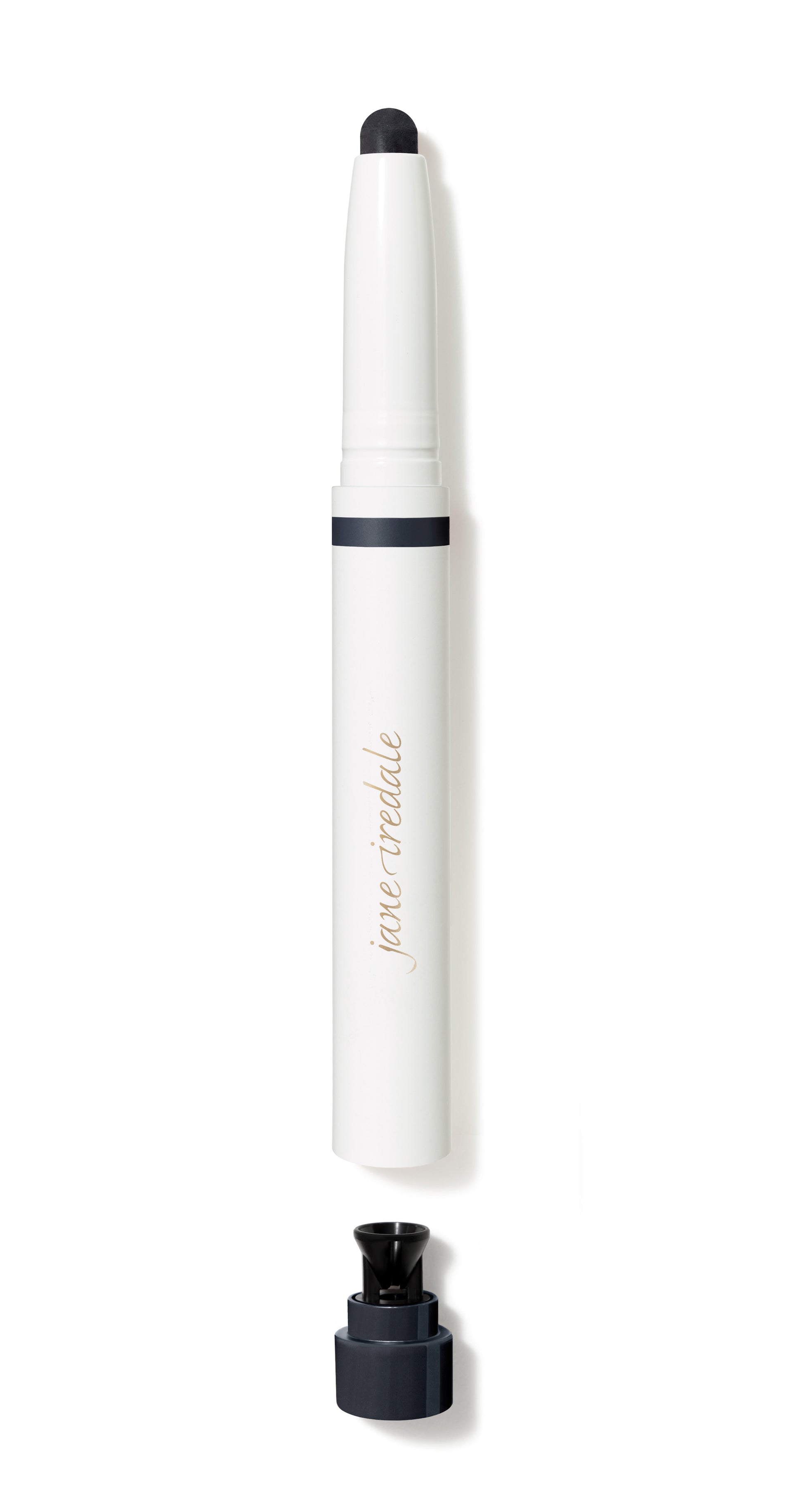 Jane Iredale ColorLuxe Eye Shadow Stick with retractable black tip, gold logo, and built-in sharpener, offering glide-on, blendable, crease-resistant eyeshadow application.