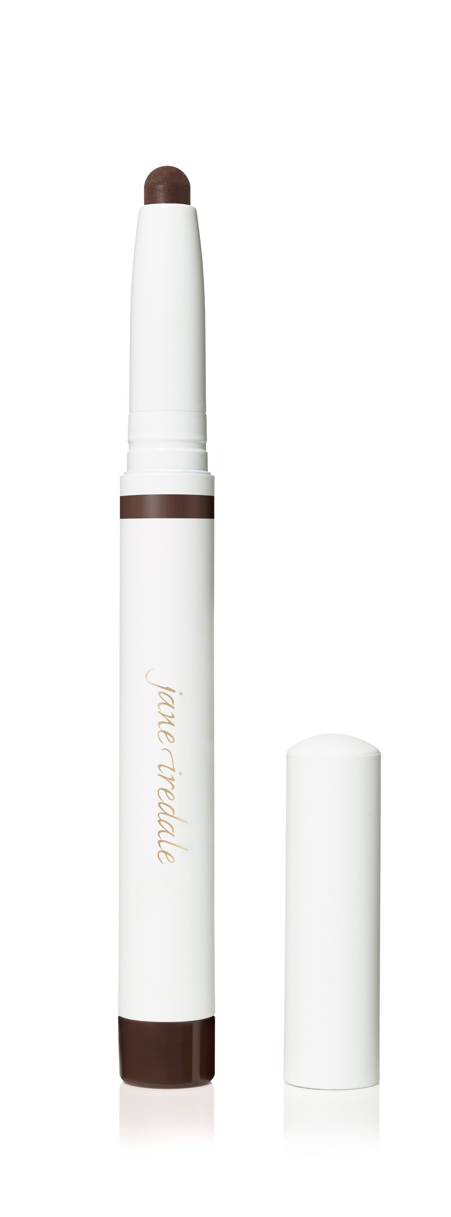 Jane Iredale ColorLuxe Eye Shadow Stick in rich brown, twist-up design with cap removed, offers a creamy, blendable, crease-resistant formula for effortless application.