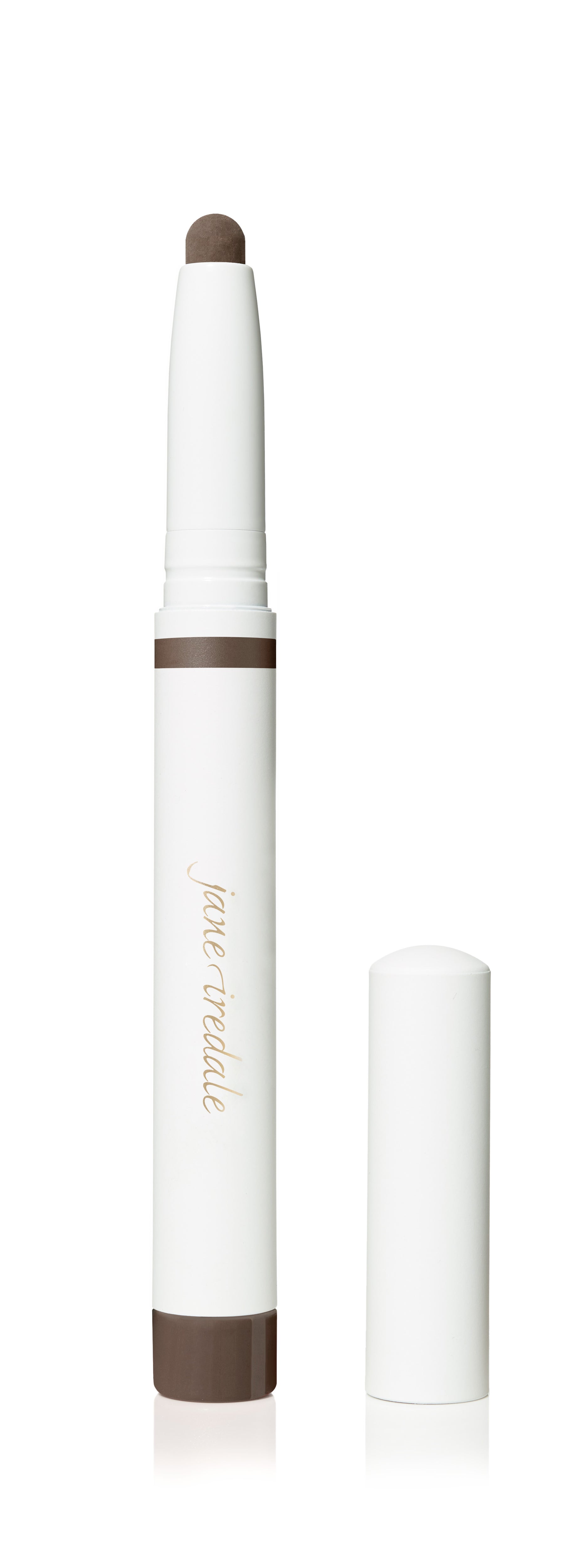 Jane Iredale's ColorLuxe Eye Shadow Stick, a creamy brown-toned retractable crayon, offers easy, blendable application for a seamless, crease-resistant finish without brushes.