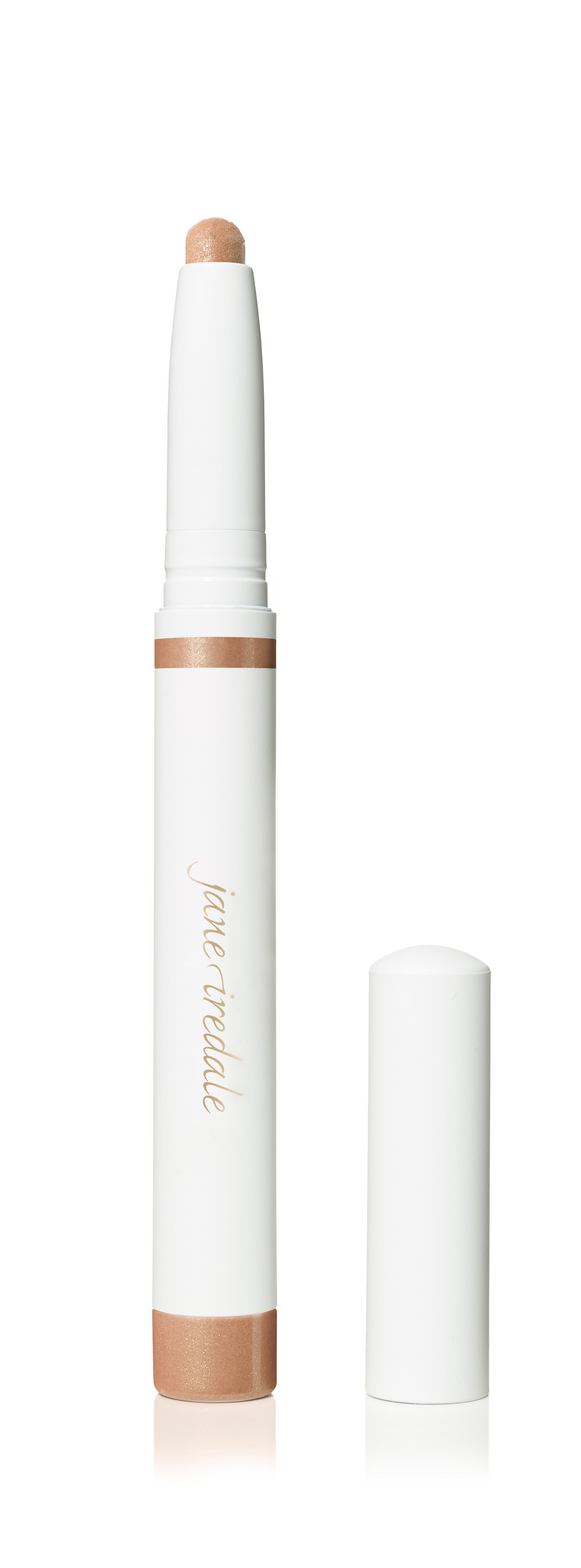 Jane Iredale ColorLuxe Eye Shadow Stick, a champagne/rose-gold creamy highlighter, showcased with cap off, highlighting its twist-up design and smooth, blendable texture.