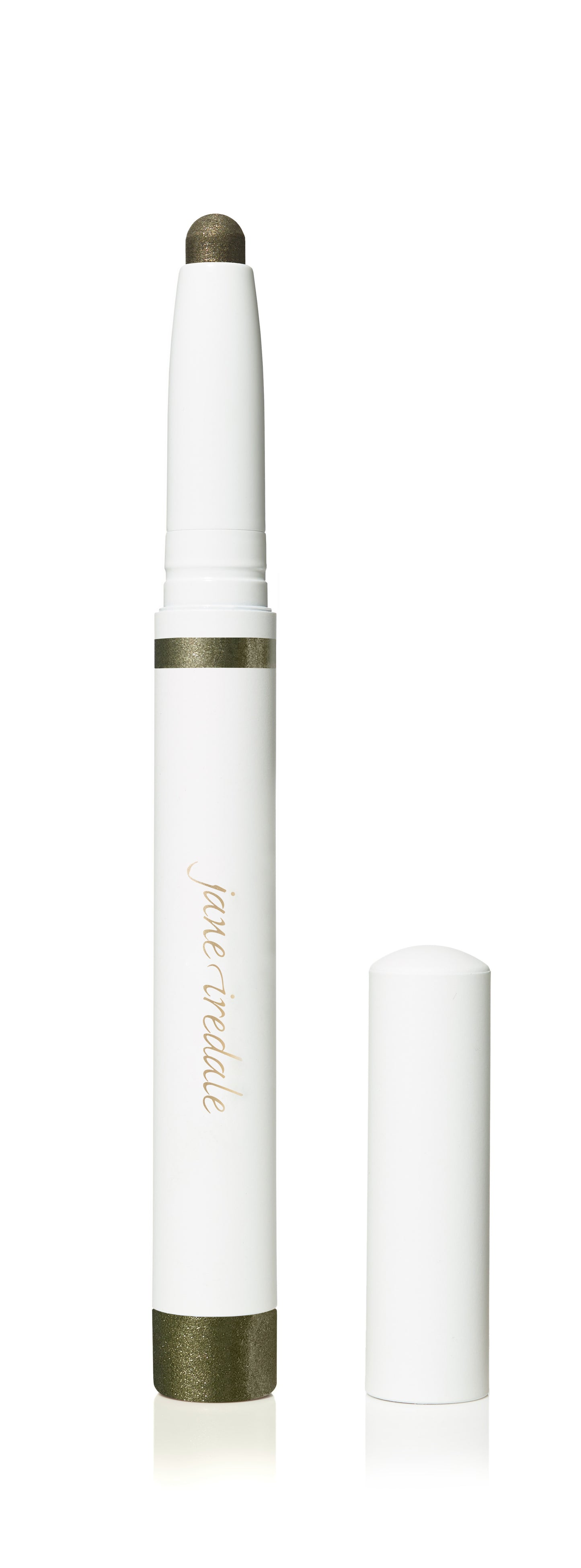 ColorLuxe Eye Shadow Stick by jane iredale; slim, white twist-up stick with khaki-bronze cream tip, offering smooth, blendable, long-wearing eyeshadow application.