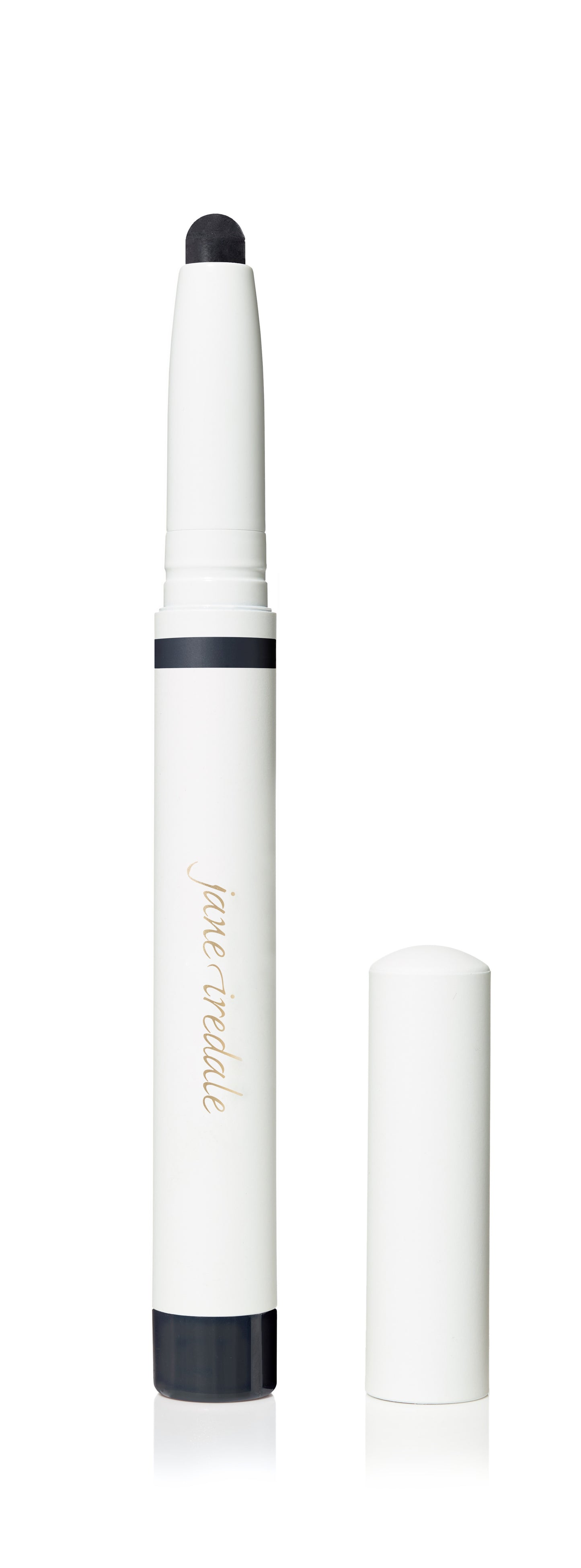 Jane Iredale ColorLuxe Eye Shadow Stick with cap off, showcasing a dark sponge-tip applicator on a white tube with gold lettering.