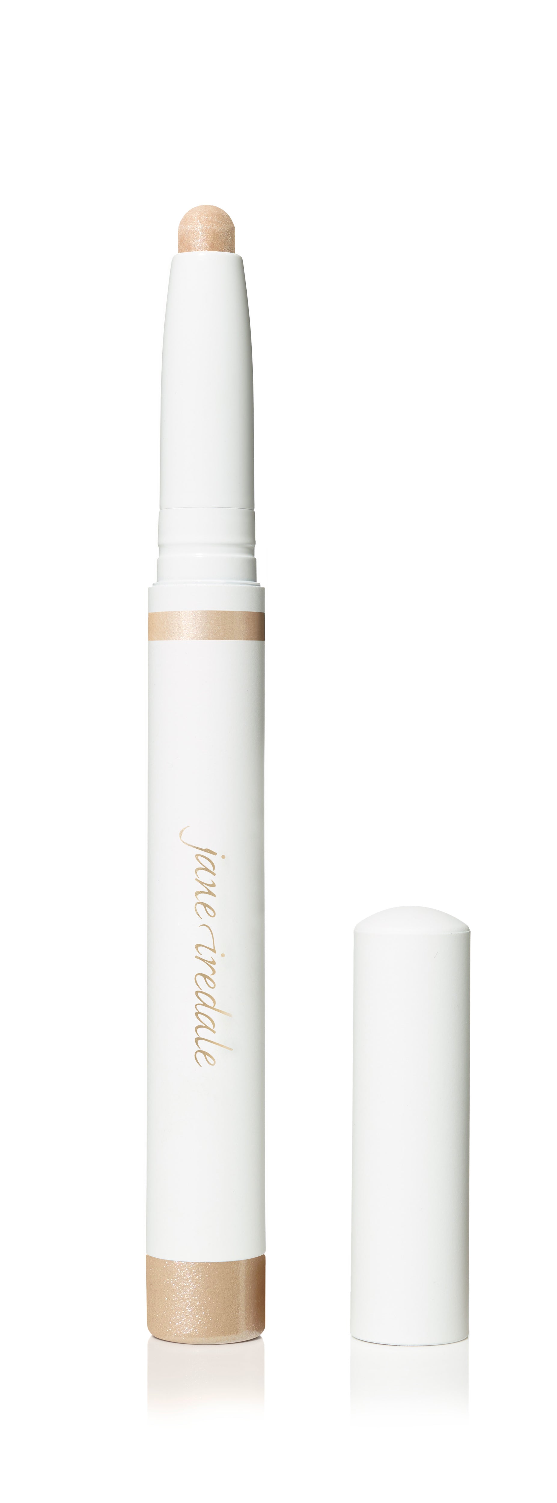 Jane Iredale ColorLuxe Eye Shadow Stick with exposed shimmery champagne tip, showcasing its creamy, glide-on formula designed for easy, brush-free application and seamless blending.