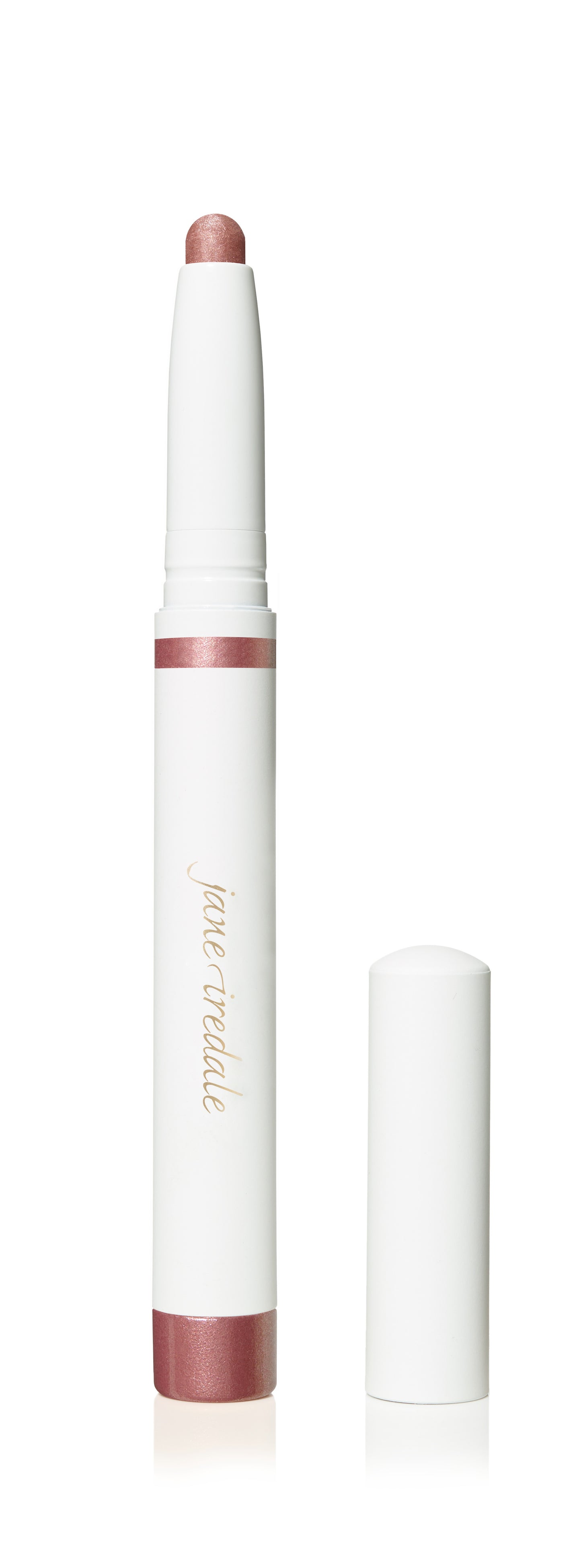 ColorLuxe Eye Shadow Stick by jane iredale; a sleek, white twist-up crayon with rose-gold accents, showcasing creamy, blendable eyeshadow in a shimmering rose-gold hue.