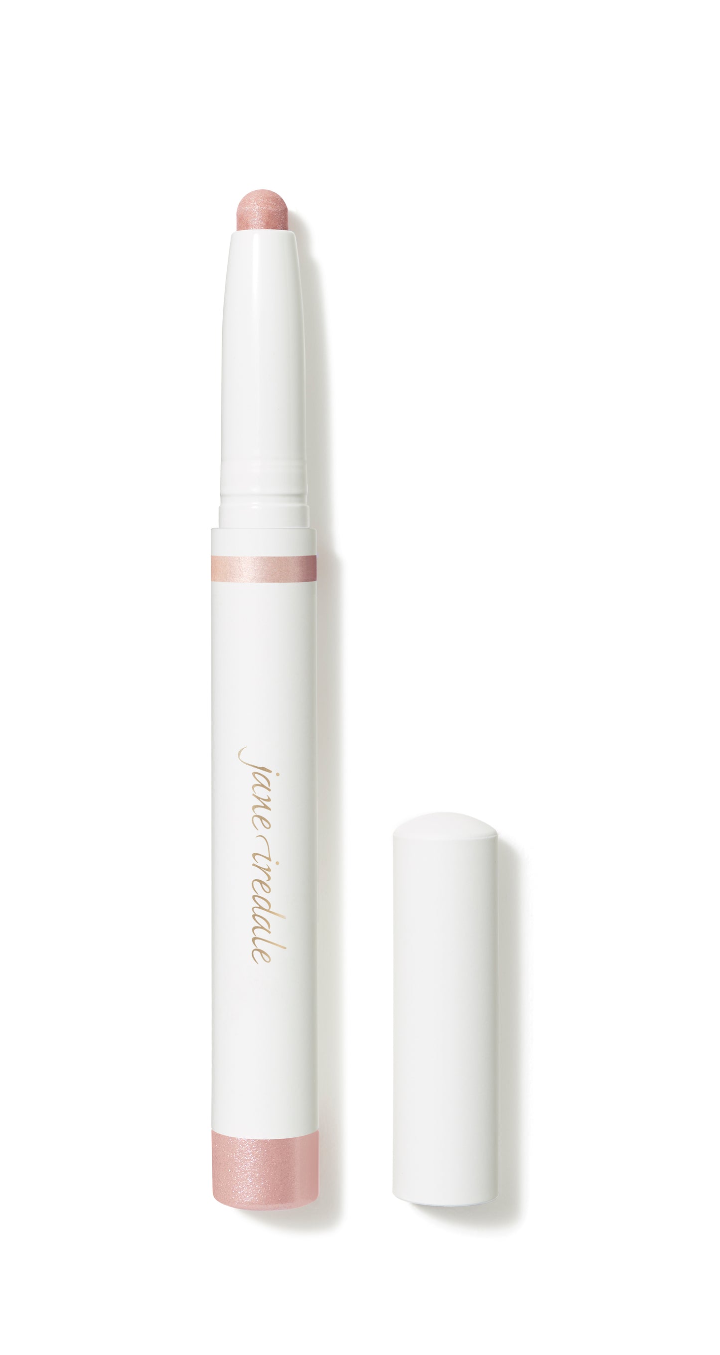 ColorLuxe Eye Shadow Stick in shimmery pale pink with white barrel and logo, showcasing a cap-off design for easy, blendable application.