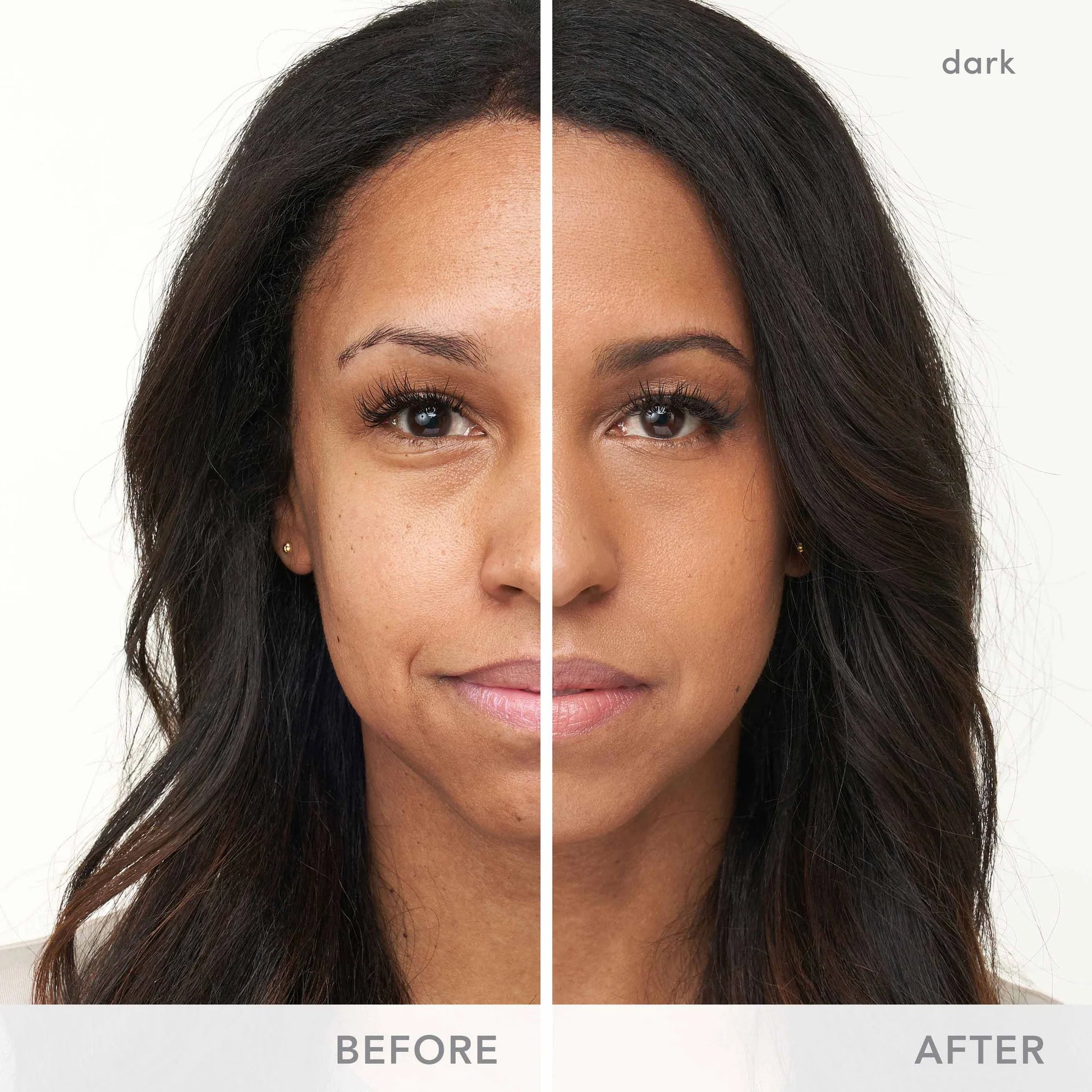 Before and after of woman using Dream Tint® Tinted Moisturizer SPF 15, showing smoother, even complexion and fuller lashes, highlighting its sheer, hydrating coverage.