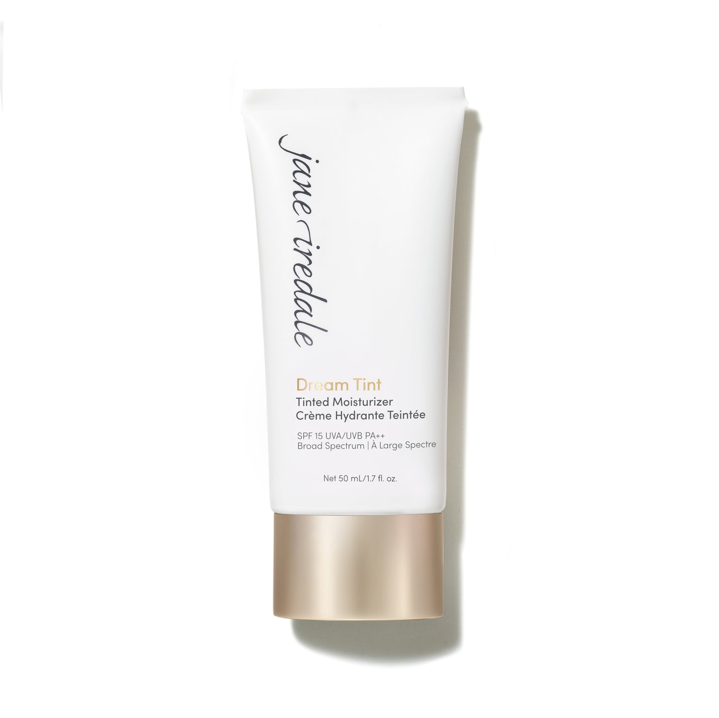 Dream Tint® Tinted Moisturizer SPF 15 in a white tube with gold cap, offering lightweight coverage, hydration, and broad-spectrum protection for a natural look.