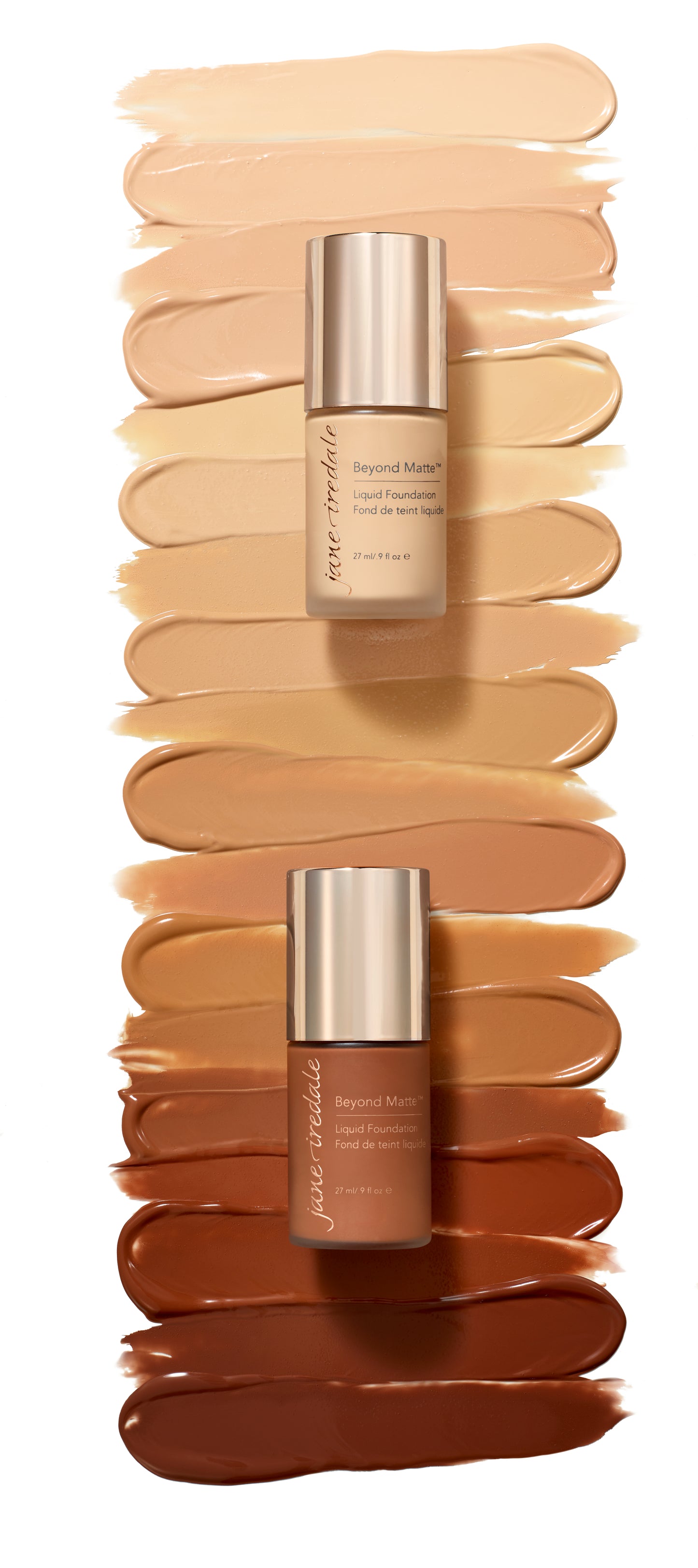 Jane Iredale’s Beyond Matte™ Liquid Foundation in frosted-glass bottles, showcasing buildable, semi-matte coverage with plant-based ingredients over diverse skin-tone swatches.