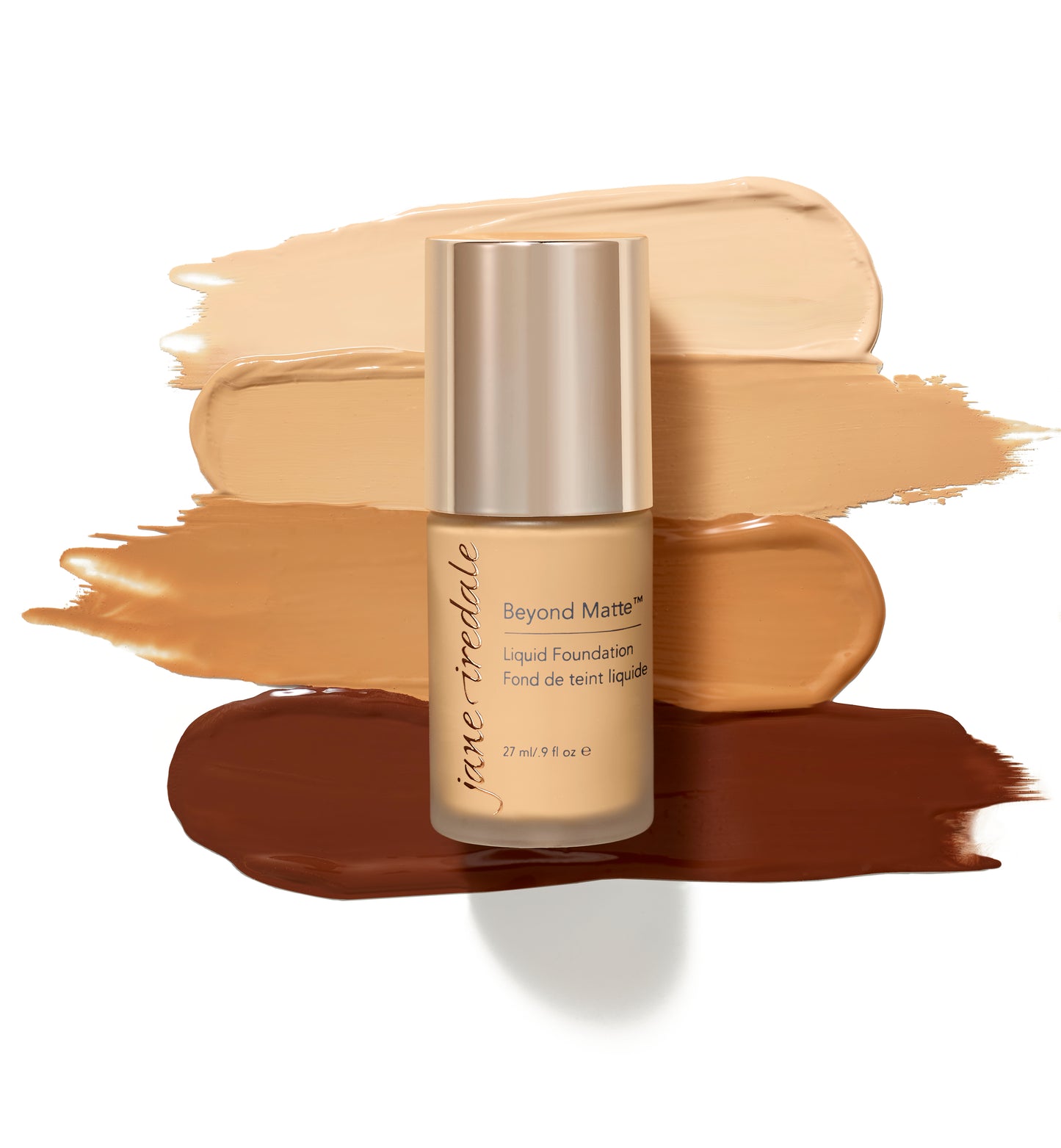 Beyond Matte™ Liquid Foundation with metallic cap, surrounded by swipes of various shades, offers buildable coverage and a semi-matte finish, emphasizing clean, plant-based skincare benefits.