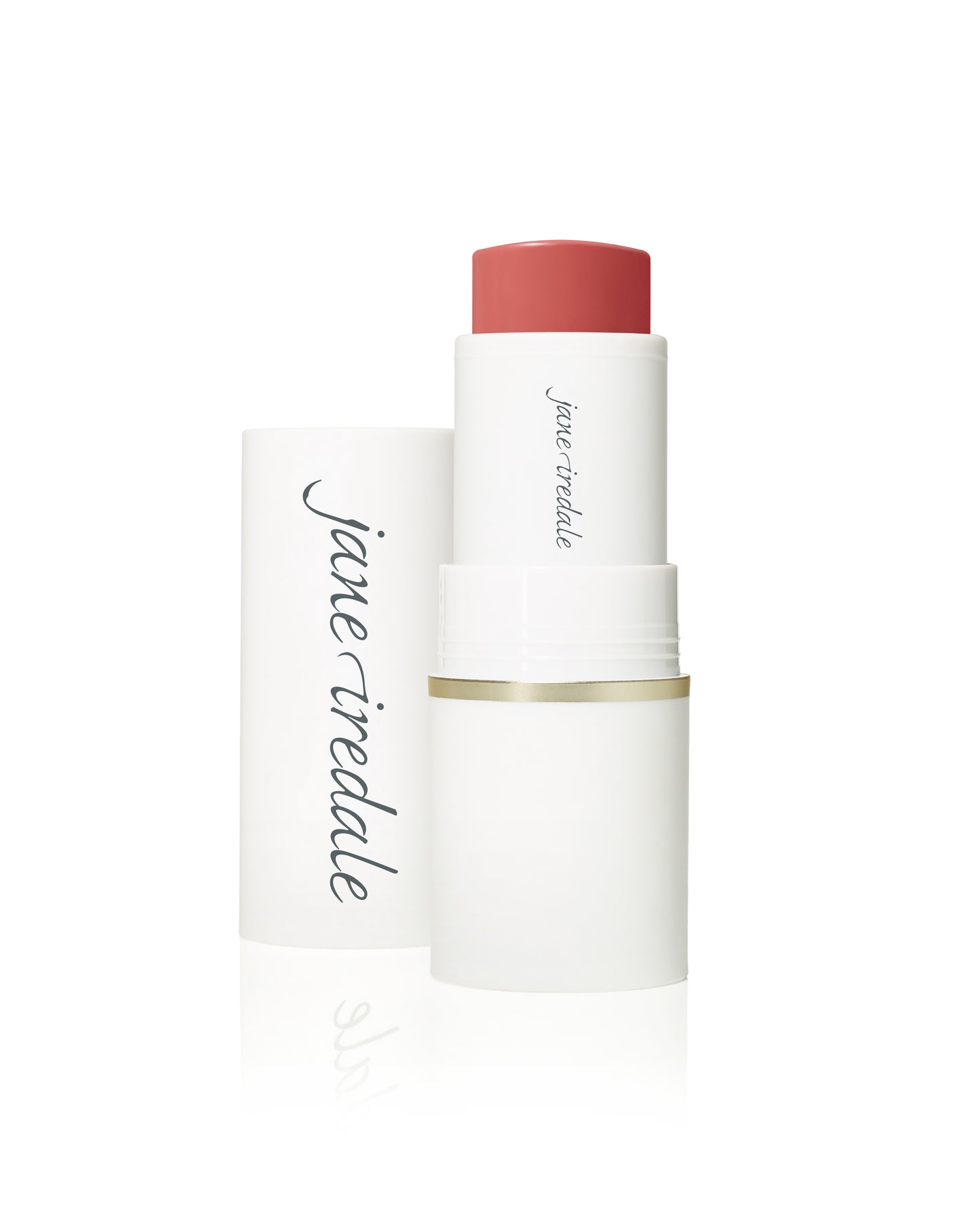 Jane Iredale Glow Time® Blush Stick in white packaging with coral-pink cream, ideal for cheeks and lips, offering a natural, buildable, skin-like finish.
