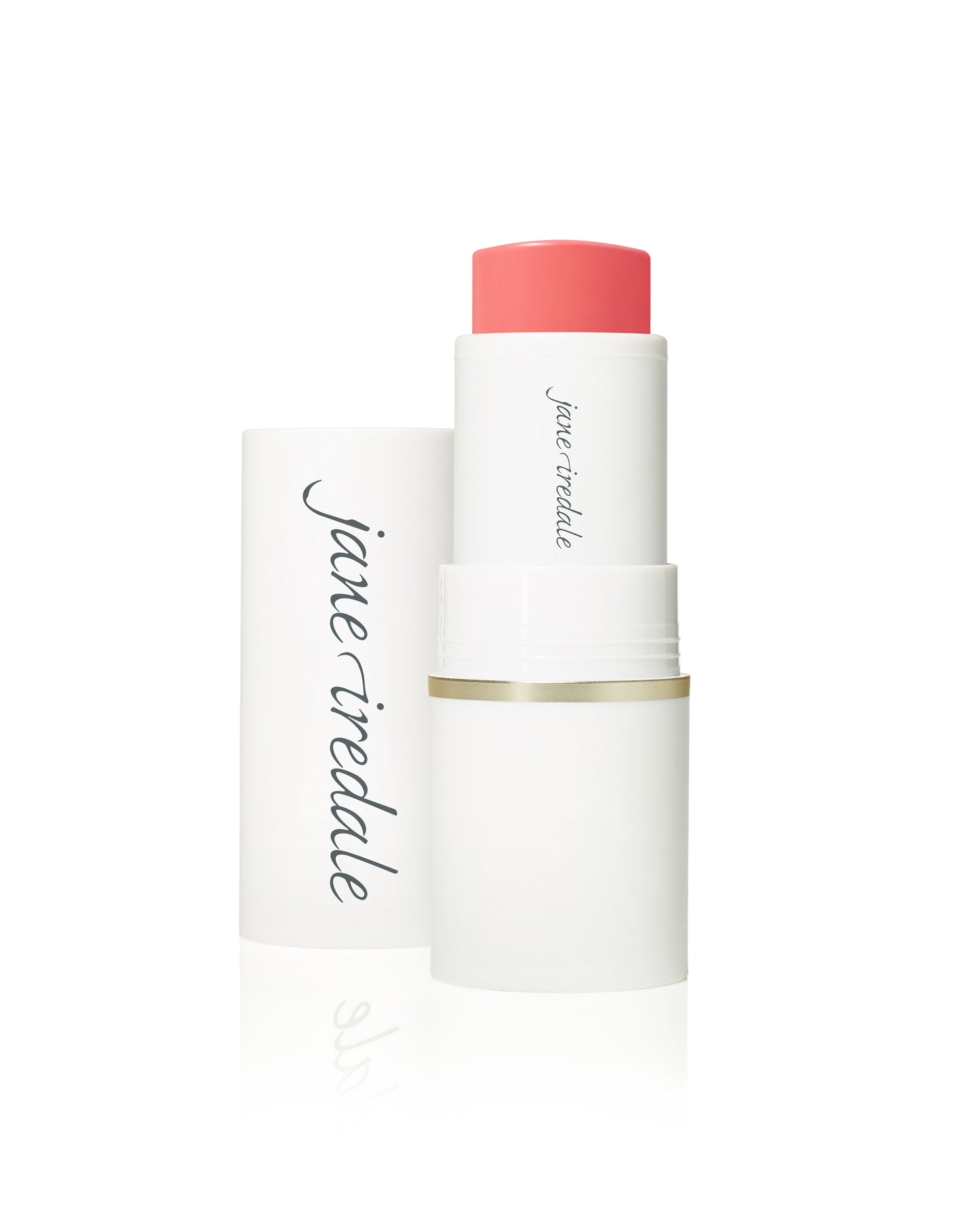 Jane Iredale Glow Time® Blush Stick, a coral-pink, creamy, buildable lip-and-cheek stain in white packaging, ideal for a natural, skin-like finish.