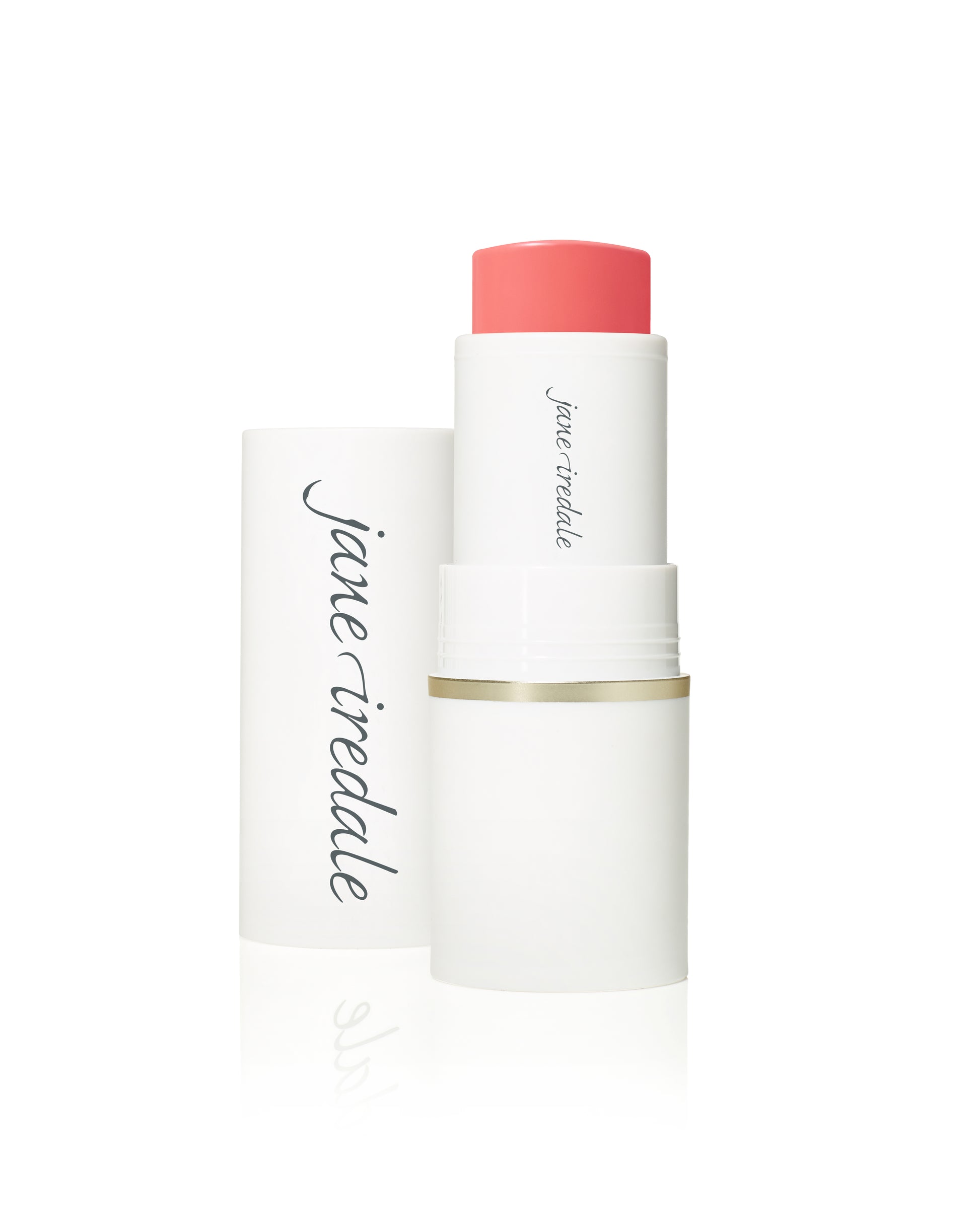 Jane Iredale Glow Time® Blush Stick, a coral-pink, creamy, buildable lip-and-cheek stain in white packaging, ideal for a natural, skin-like finish.