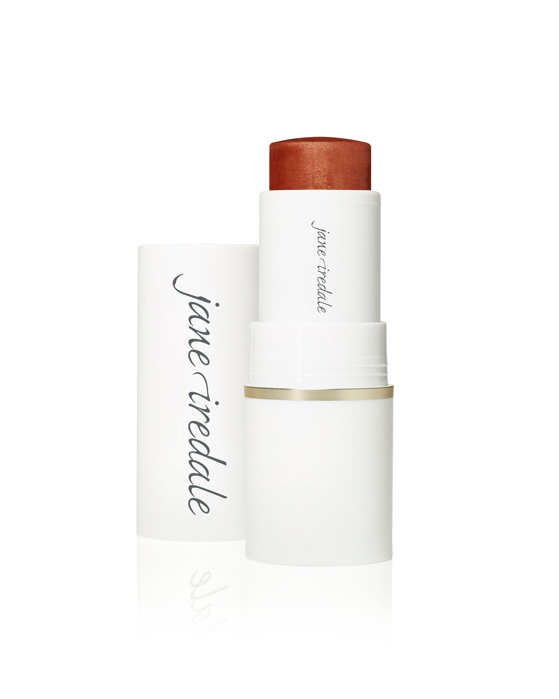 Jane Iredale Glow Time® Blush Stick in white packaging with visible warm coppery-bronze cream, featuring a buildable, skin-like finish enriched with olive squalane.