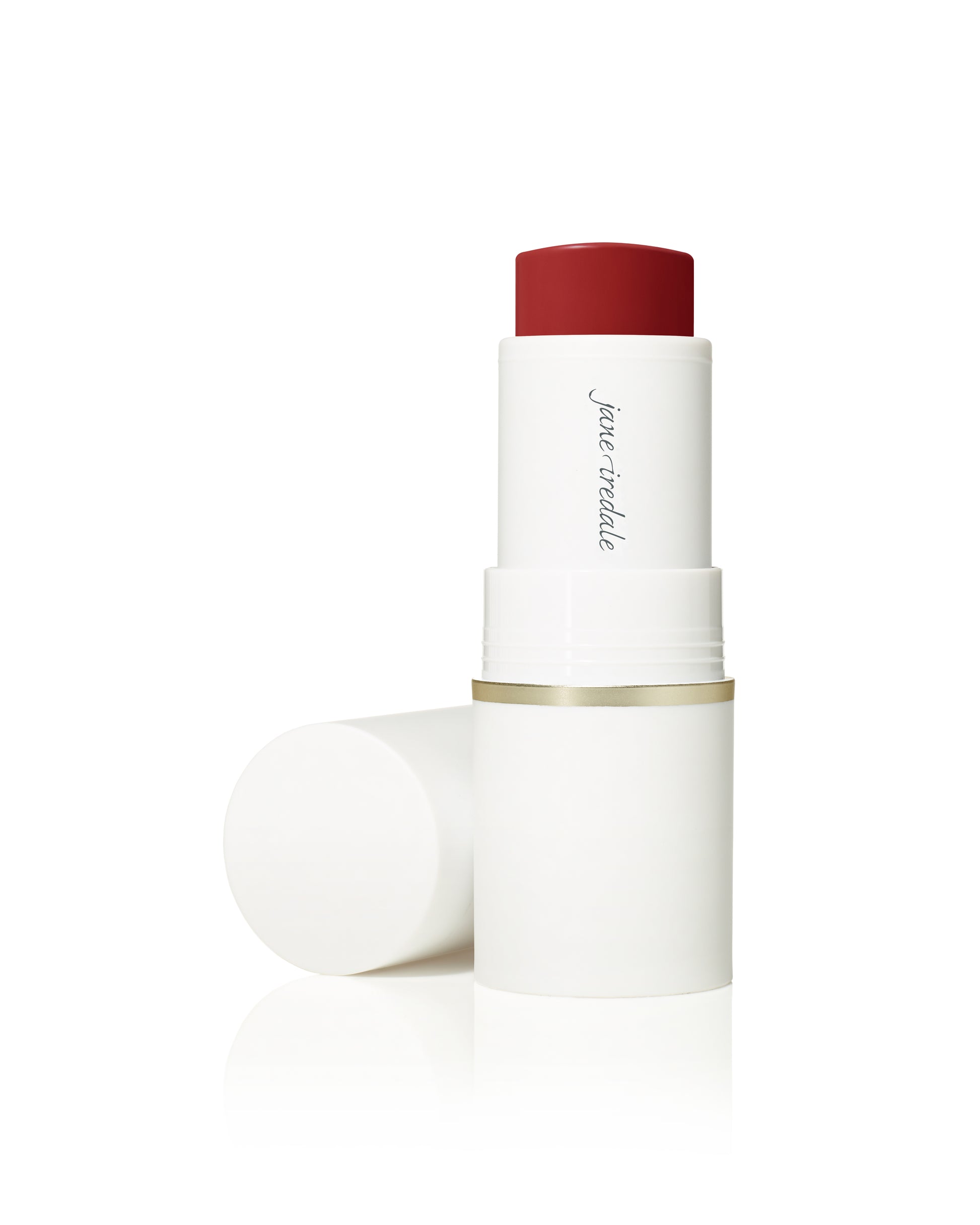 Jane Iredale's Glow Time® Blush Stick in a white twist-up tube, showcasing a rich red shade, offers a skin-like finish with nourishing Olive Squalane.