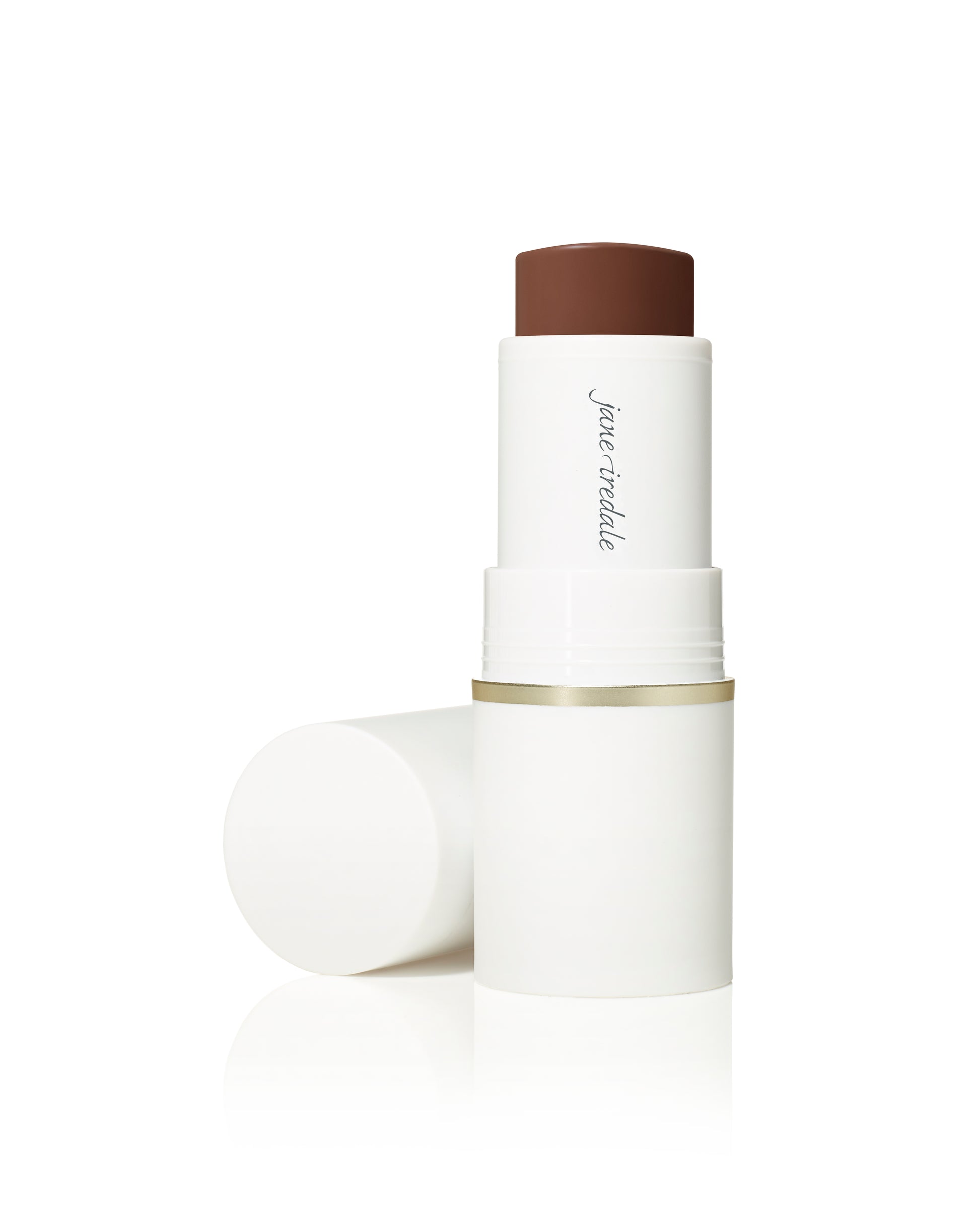 Glow Time® Bronzer Stick with cap removed, showcasing a creamy, medium-to-deep brown formula for a buildable, sun-kissed glow. Branded jane iredale.