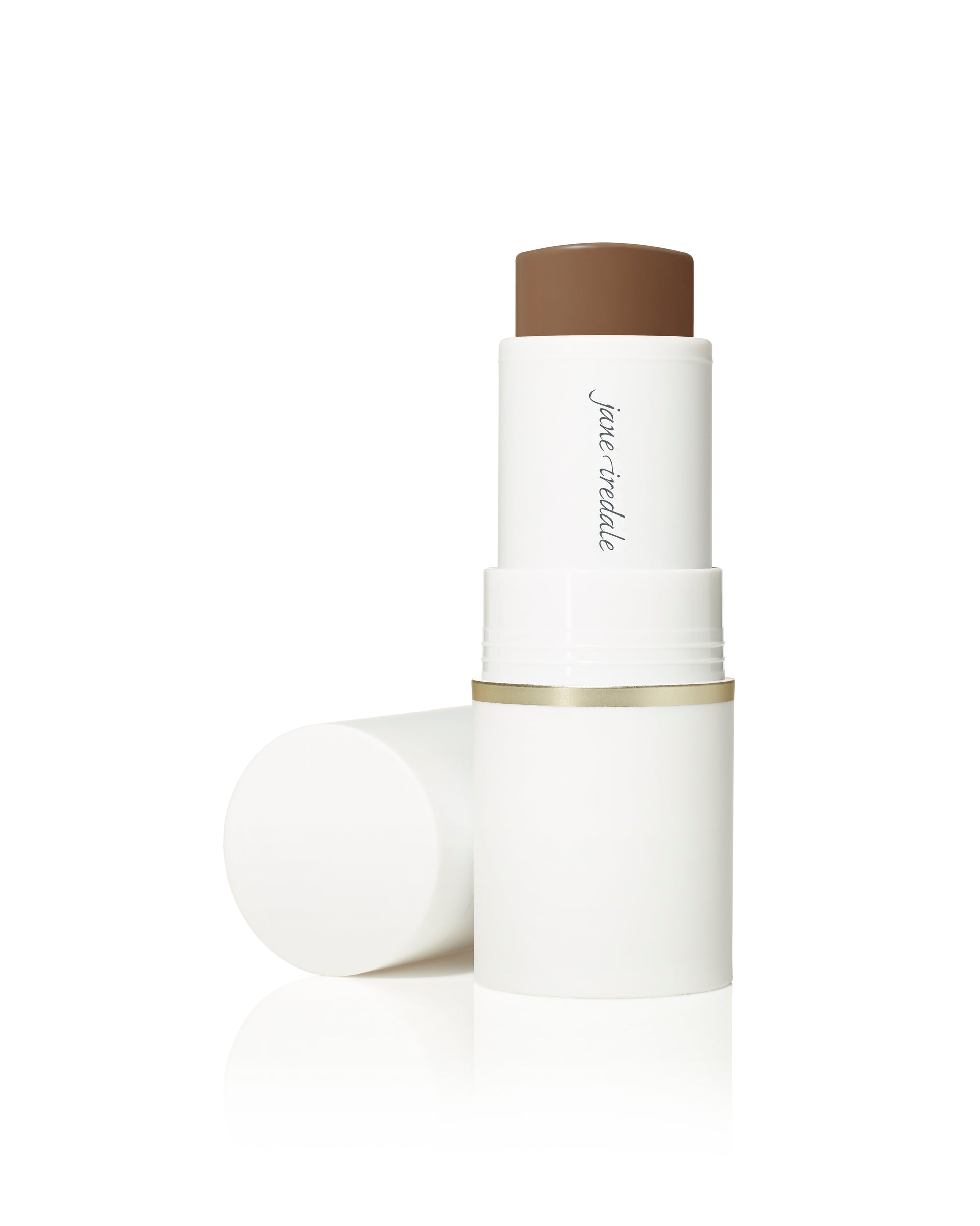 Glow Time® Bronzer Stick in a white, gold-trimmed tube; creamy, buildable formula for a natural, sun-kissed glow, featuring nourishing Olive Squalane. Cap removed.