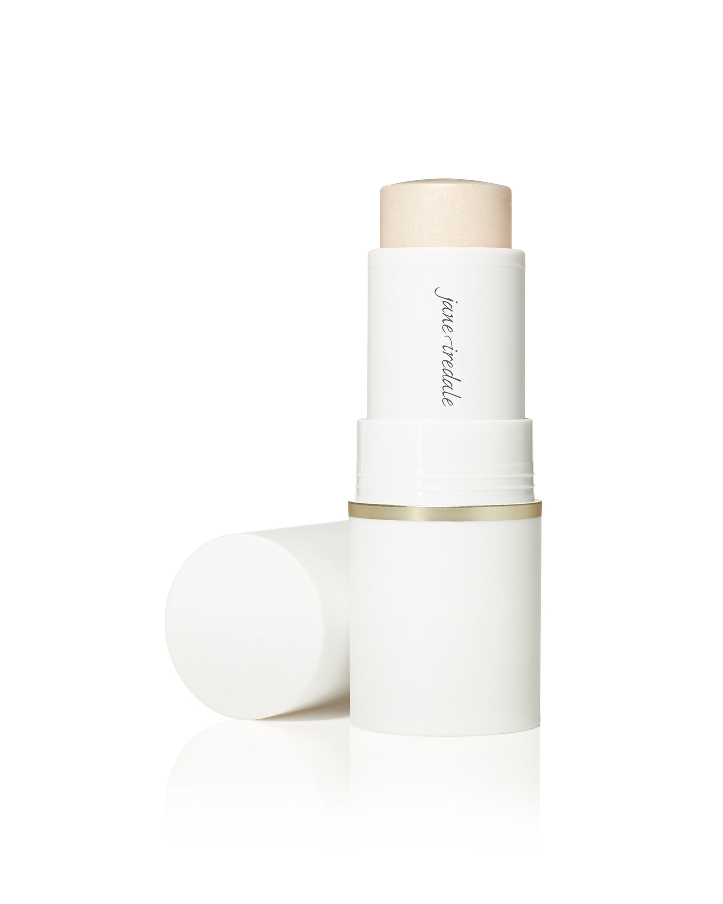 Glow Time® Highlighter Stick by jane iredale in a sleek white tube, offering a creamy, pearlescent glow for natural, buildable shimmer and skin nourishment.