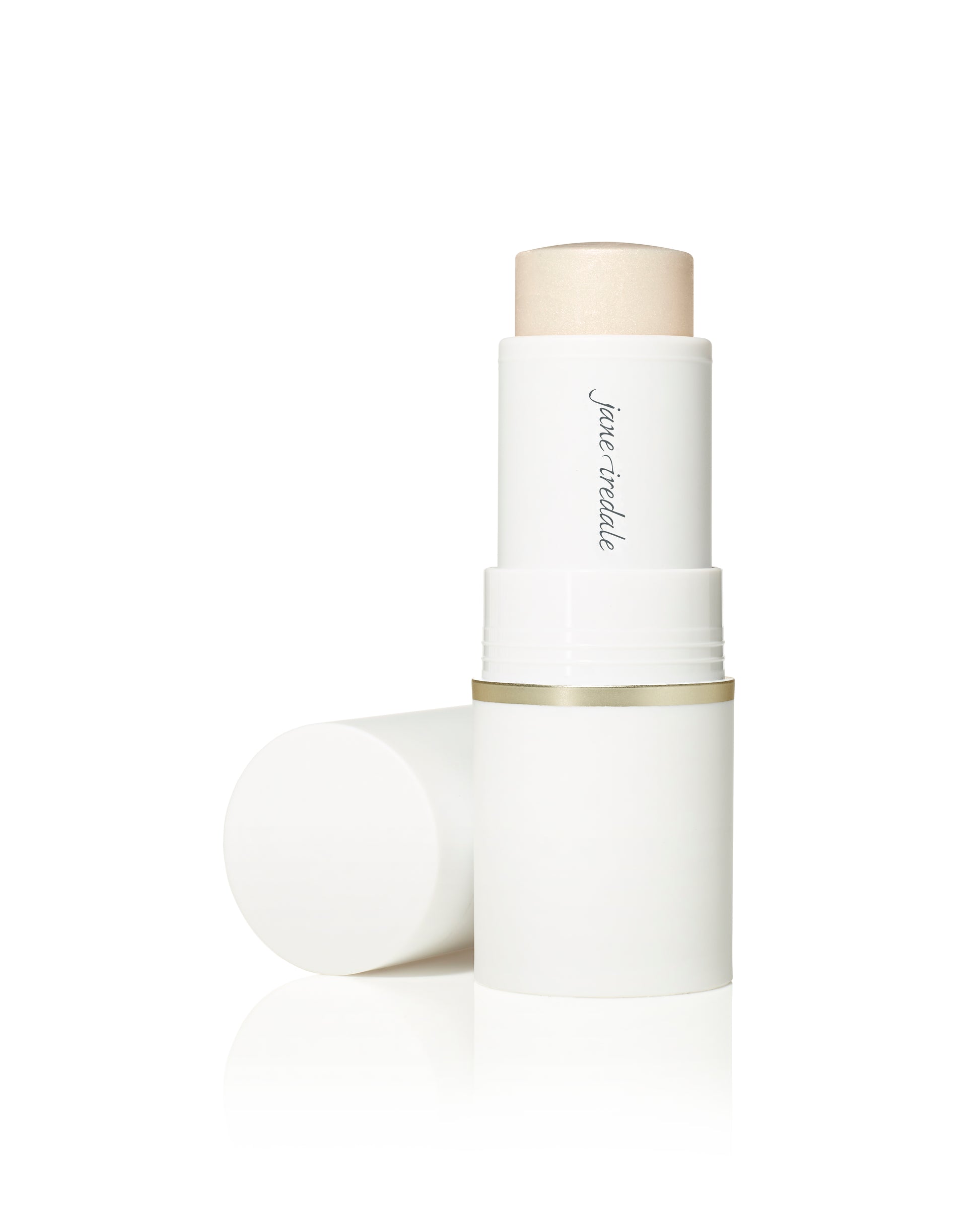 Glow Time® Highlighter Stick by jane iredale in a sleek white tube, offering a creamy, pearlescent glow for natural, buildable shimmer and skin nourishment.