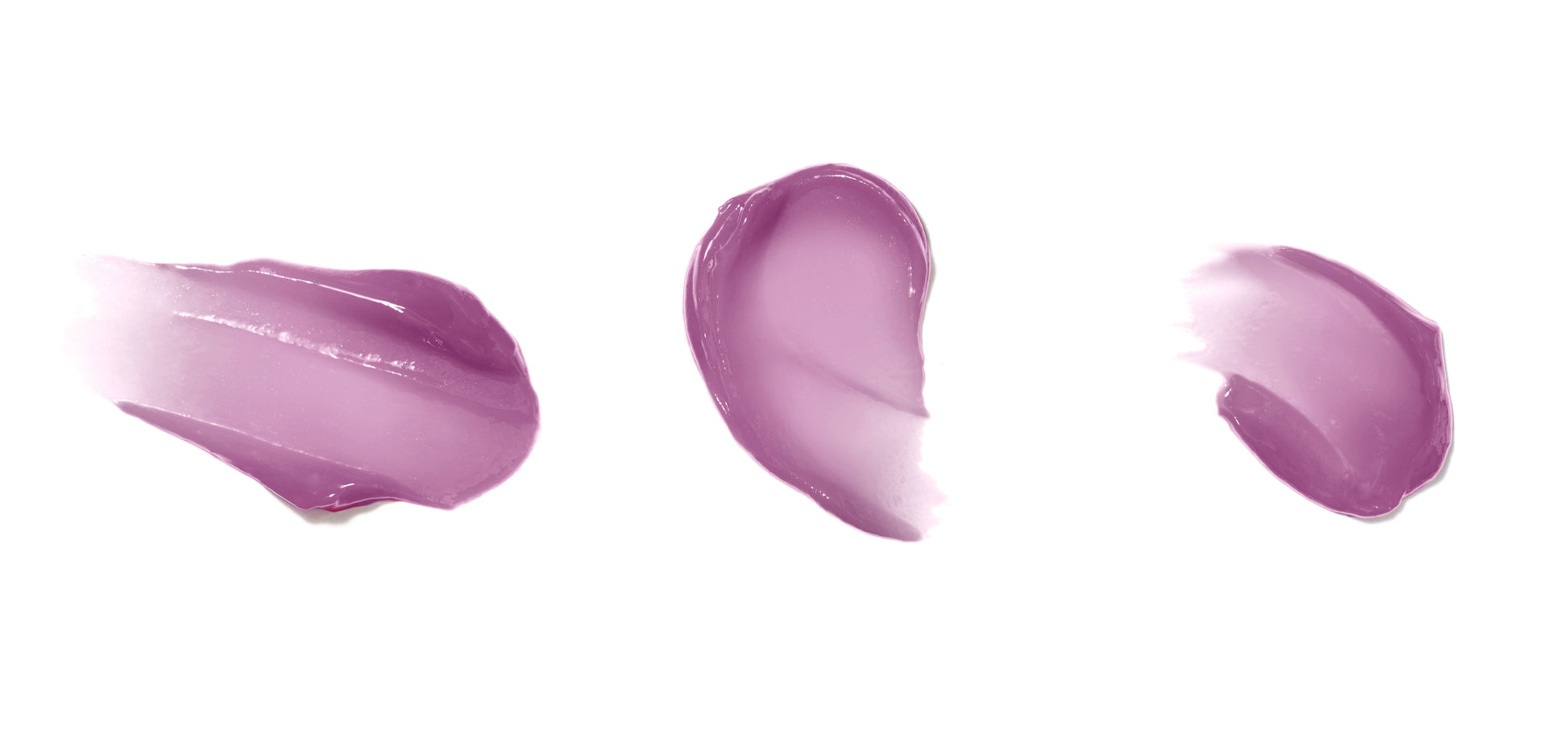 Three swatches of HydroPure™ Hyaluronic Acid Lip Gloss, displaying its glossy, pastel-violet hue and smooth texture, highlighting its nourishing and plumping properties.