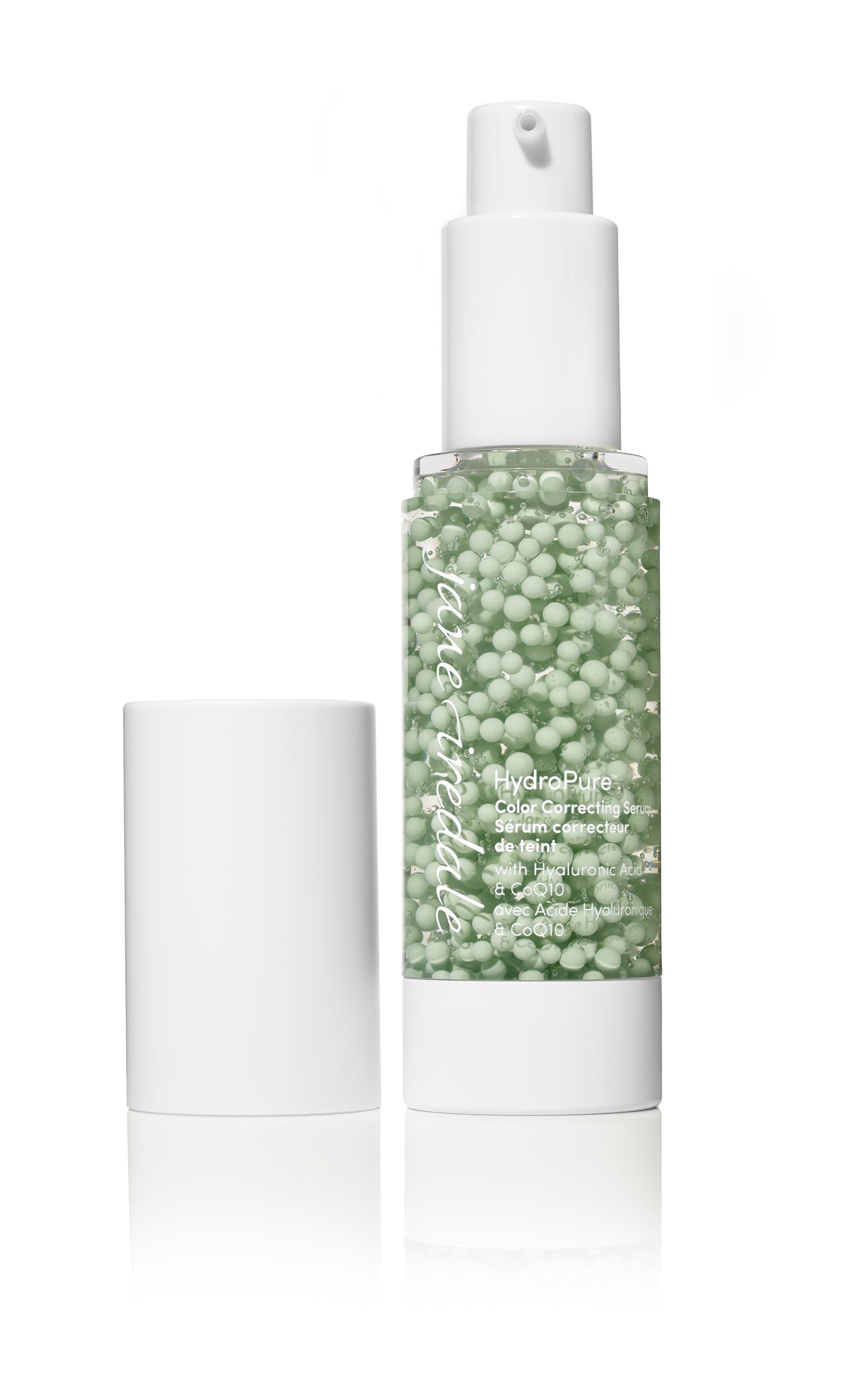 HydroPure™ Color Correcting Serum in a clear pump bottle with green beads; enhances skin tone with hyaluronic acid and CoQ10.