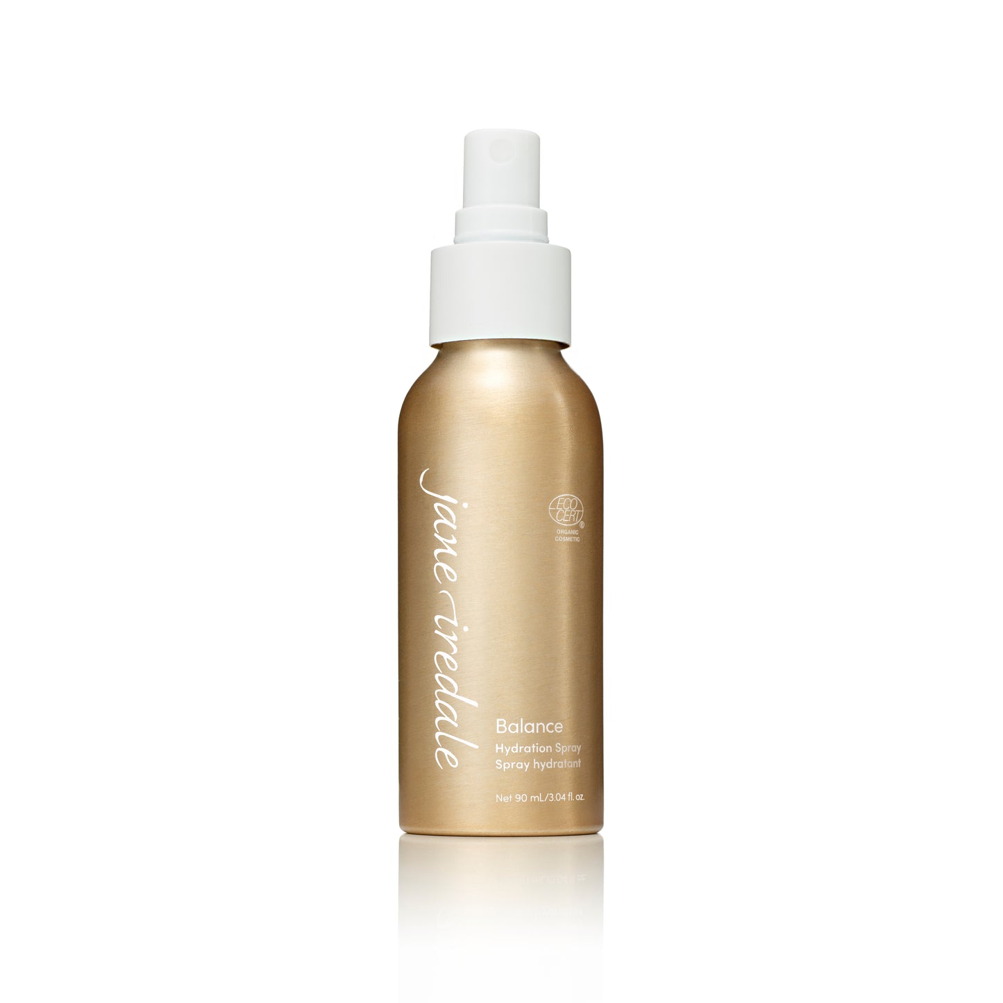 Gold spray bottle labeled Balance Hydration Spray, 90 mL, ECOCERT certified. Preps, sets, refreshes skin with botanical extracts. Ideal for combination or oily skin.