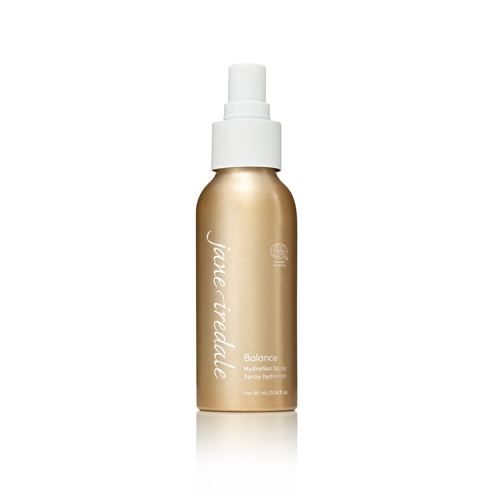 Gold spray bottle labeled Balance Hydration Spray, 90 mL, ECOCERT certified. Preps, sets, refreshes skin with botanical extracts. Ideal for combination or oily skin.