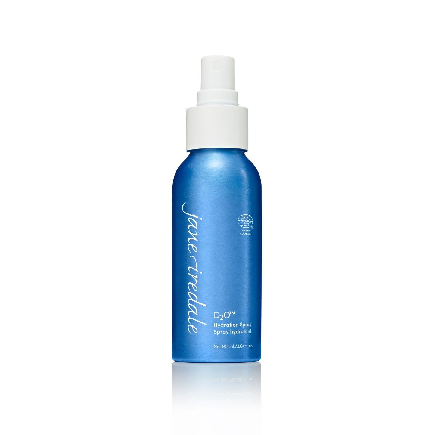 Hydration Spray D²O in a blue aluminum bottle with white pump, offers deep hydration, sets makeup, fragrance-free, suitable for all skin types.