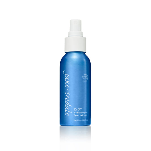 Hydration Spray D²O in a blue aluminum bottle with white pump, offers deep hydration, sets makeup, fragrance-free, suitable for all skin types.