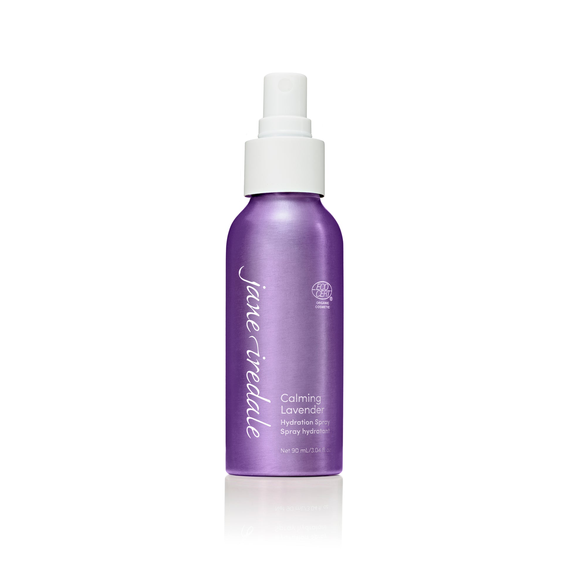 Hydration Spray Calming Lavender in a purple aluminum bottle with white nozzle; ECOCERT seal visible, 90 mL. Ideal for sensitive skin, sets makeup.