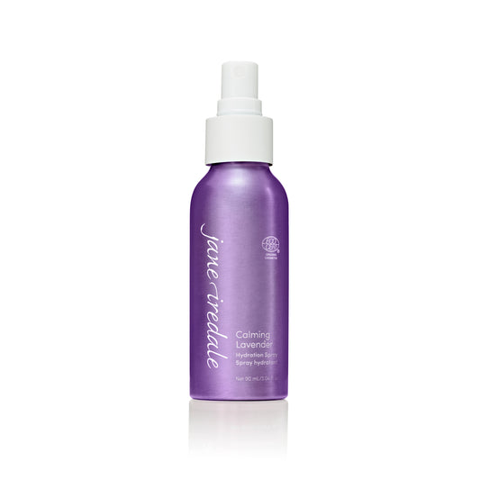 Hydration Spray Calming Lavender in a purple aluminum bottle with white nozzle; ECOCERT seal visible, 90 mL. Ideal for sensitive skin, sets makeup.