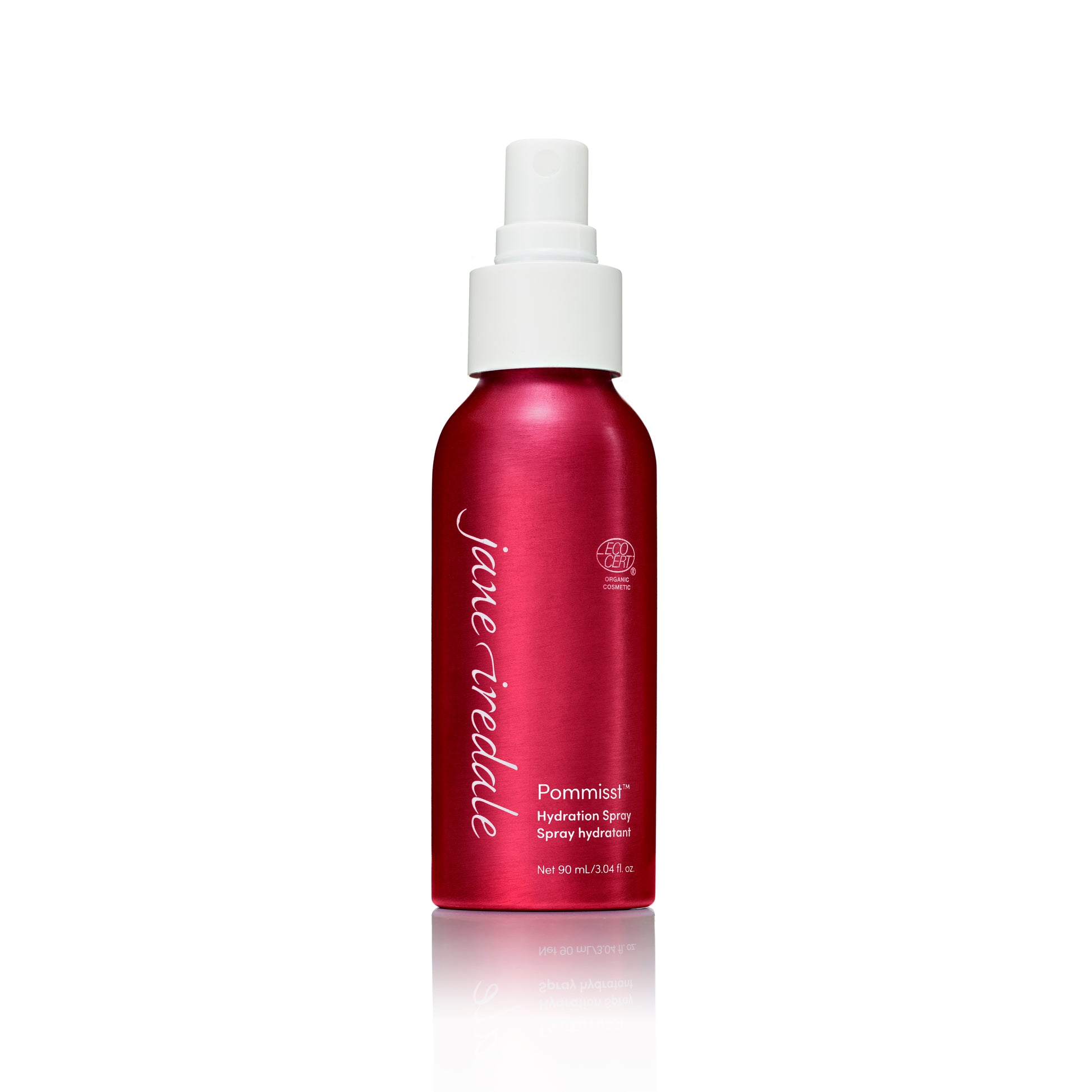 Pommisst™ Hydration Spray: A 90 mL antioxidant-rich face mist in a reddish-pink bottle, certified organic, hydrates, sets makeup, and protects against free radicals.