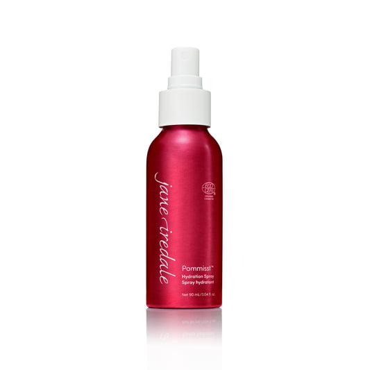 Pommisst™ Hydration Spray: A 90 mL antioxidant-rich face mist in a reddish-pink bottle, certified organic, hydrates, sets makeup, and protects against free radicals.