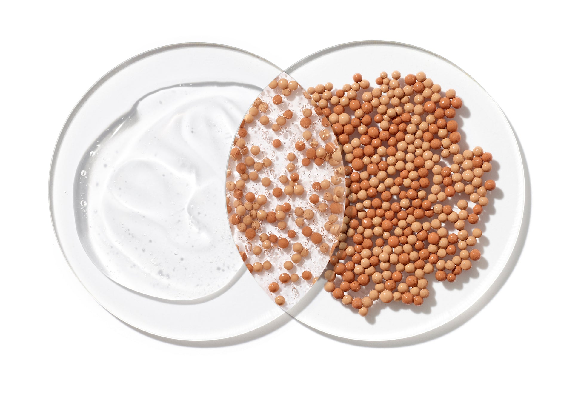 HydroPure™ Tinted Serum with Hyaluronic Acid and CoQ10 features in overlapping glass dishes, showcasing clear gel with air bubbles and tan beads.
