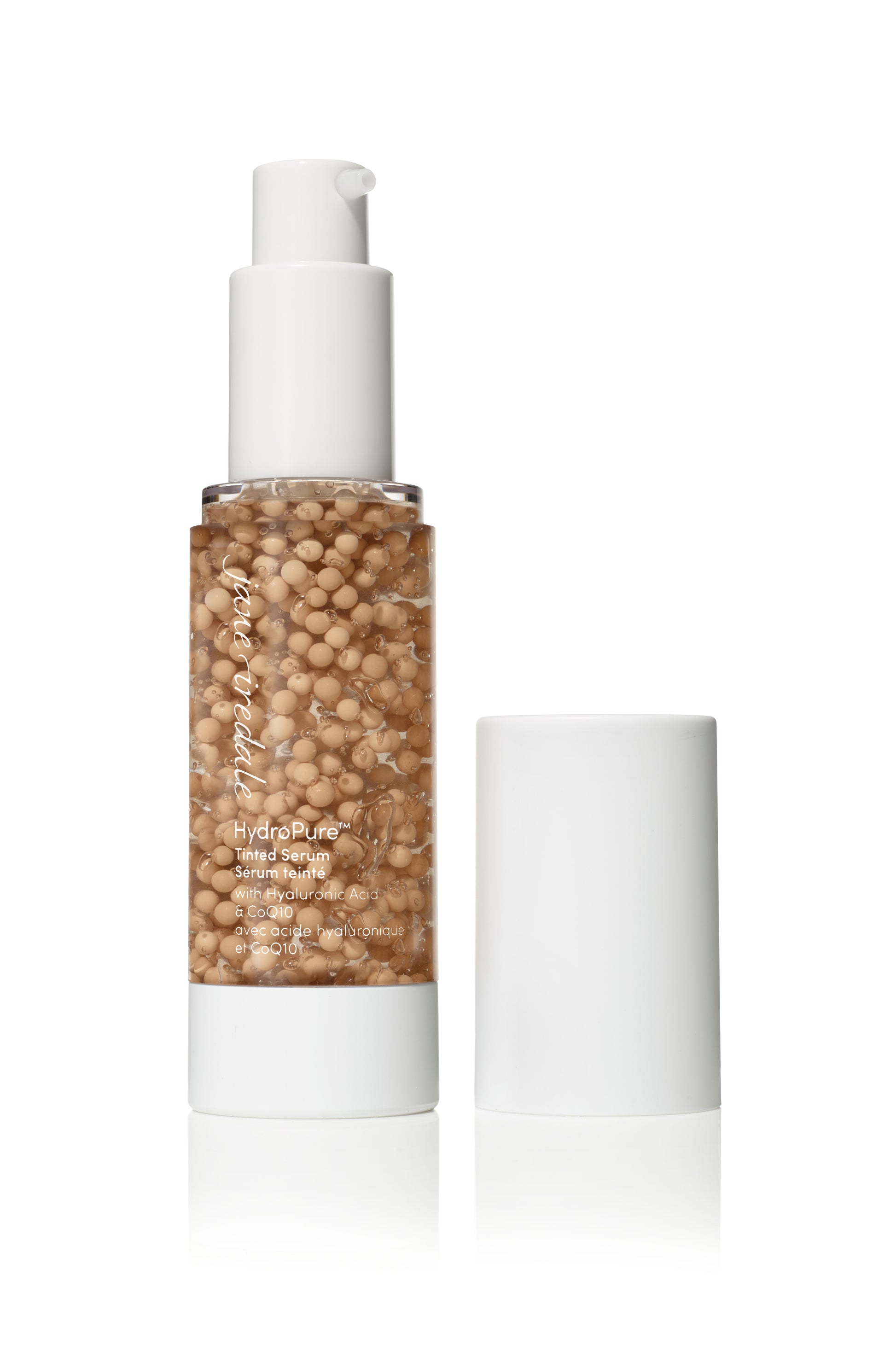 HydroPure™ Tinted Serum with Hyaluronic Acid & CoQ10, a clear pump bottle with beige serum beads, offering hydration and light coverage for a luminous finish.