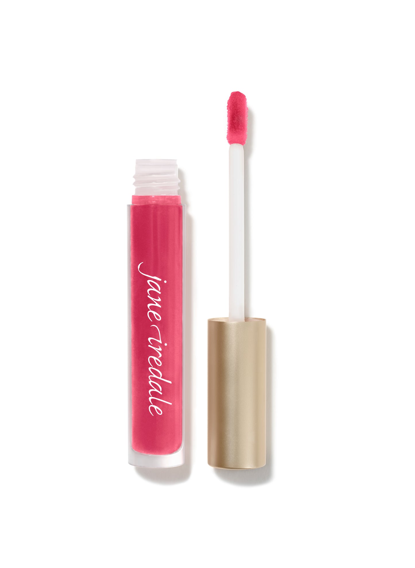 HydroPure™ Hyaluronic Acid Lip Gloss in clear tube with gold cap and applicator, offering high shine, hydration, and plumping effects.